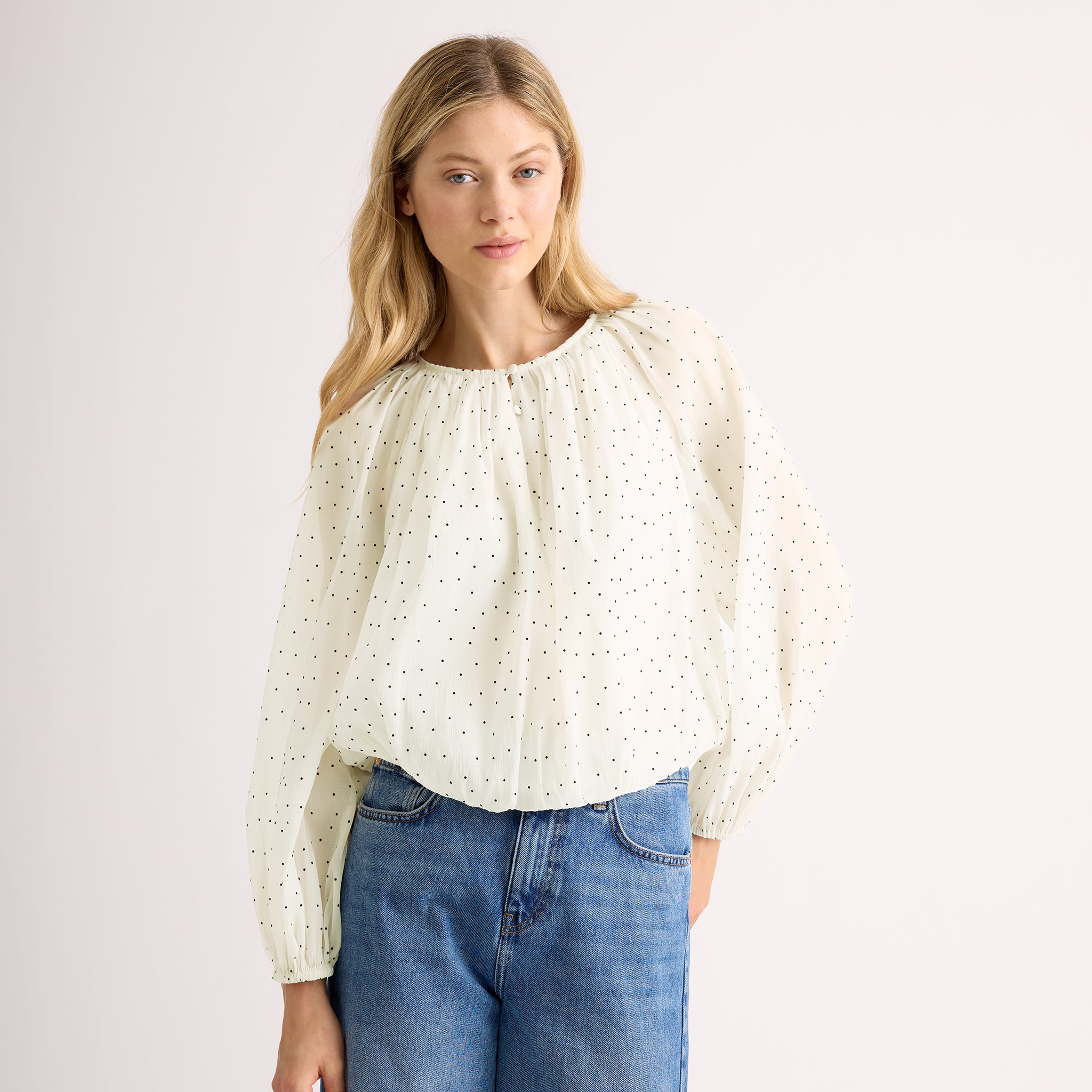 Cream Flocked Spot Bubble Hem Top