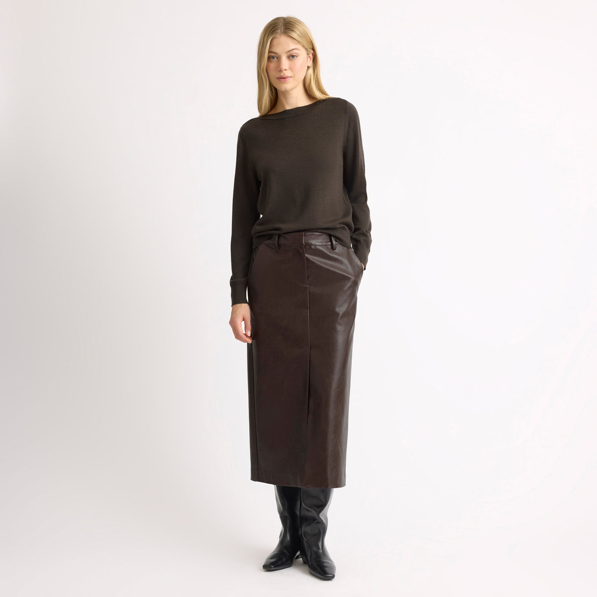 Chocolate Faux Leather Pencil Skirt