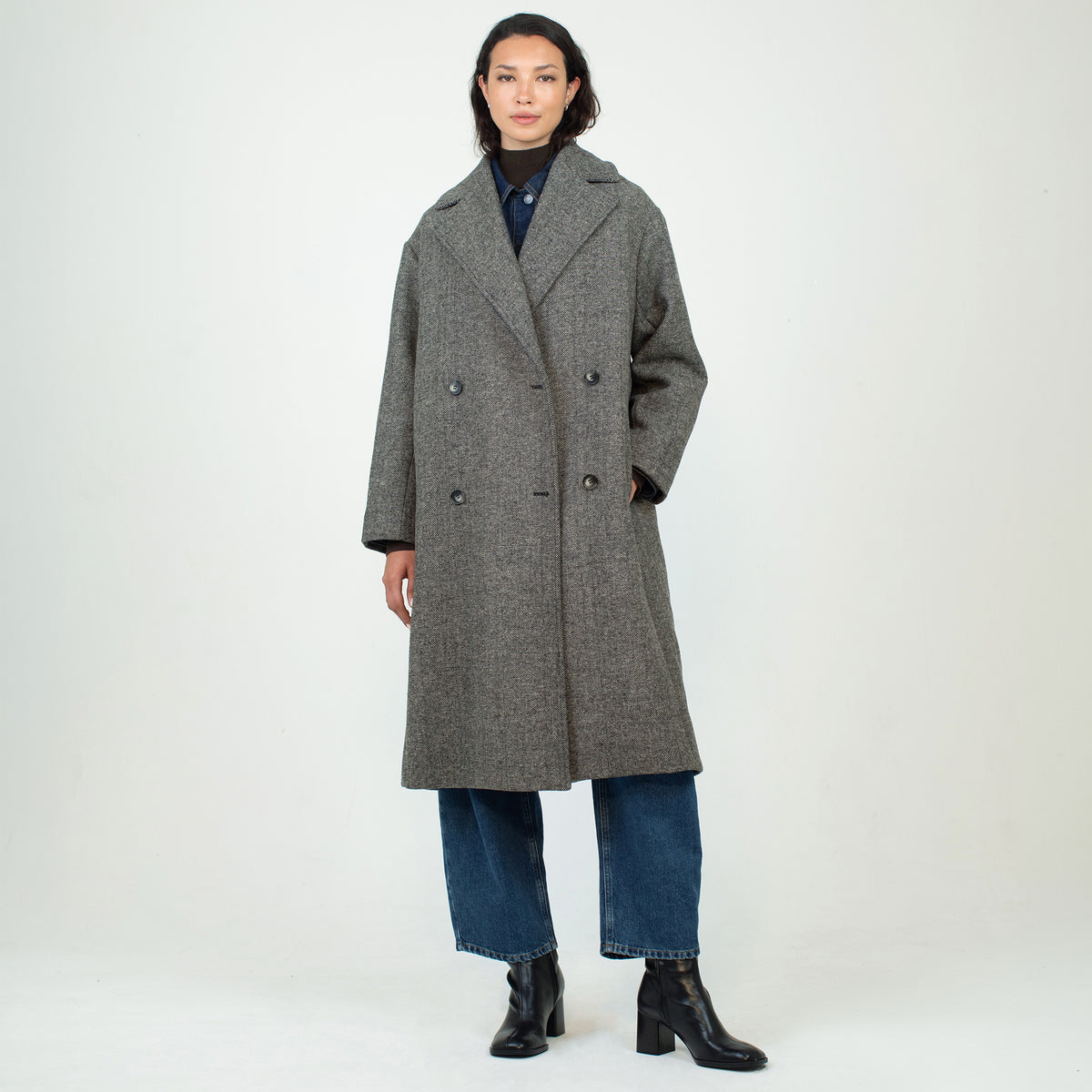 Wool Blend Grey Herringbone Coat