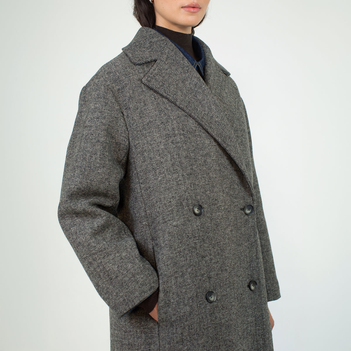 Wool Blend Grey Herringbone Coat