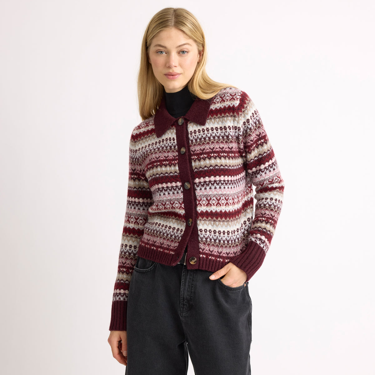 Burgundy Cosy Fair Isle Collar Cardigan