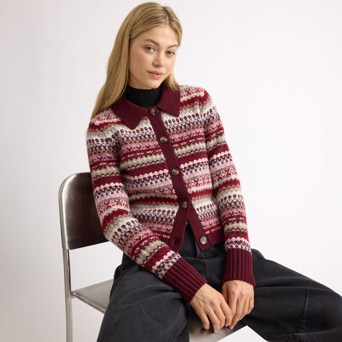 Burgundy Cosy Fair Isle Collar Cardigan