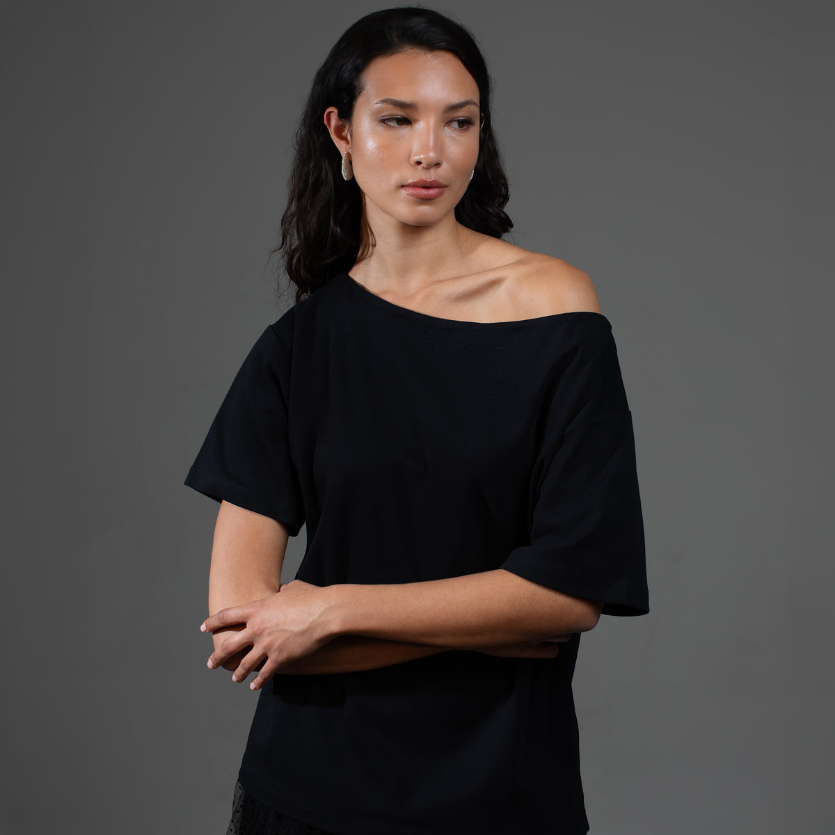Black Off Shoulder T Shirt