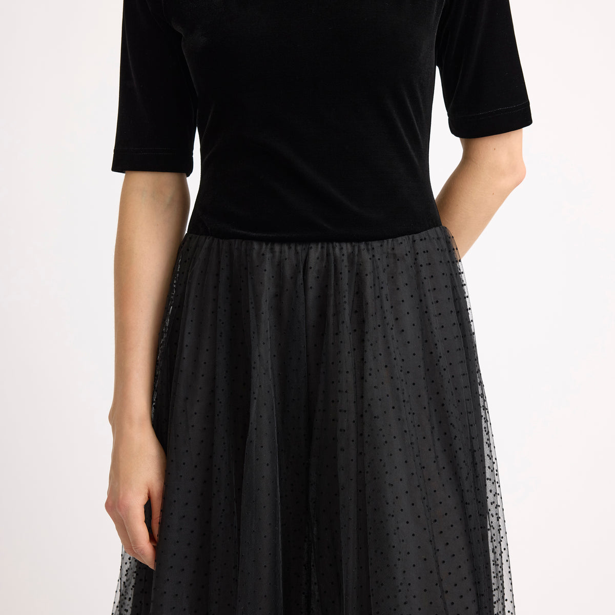 Flocked Spot Velvet Bardot Dress