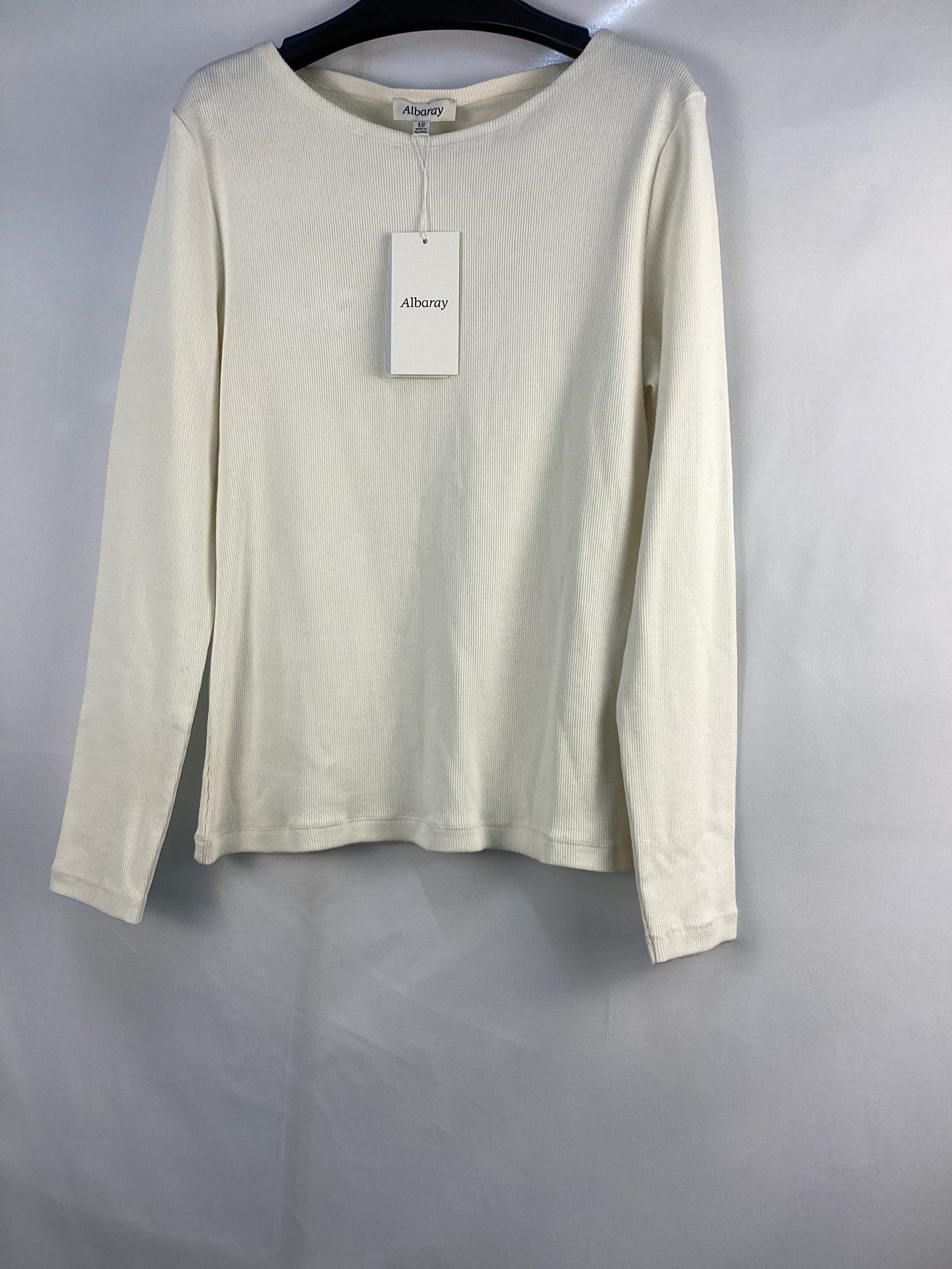 Re-Loved Cream Long Sleeve Rib Boat Neck Top - Size 12