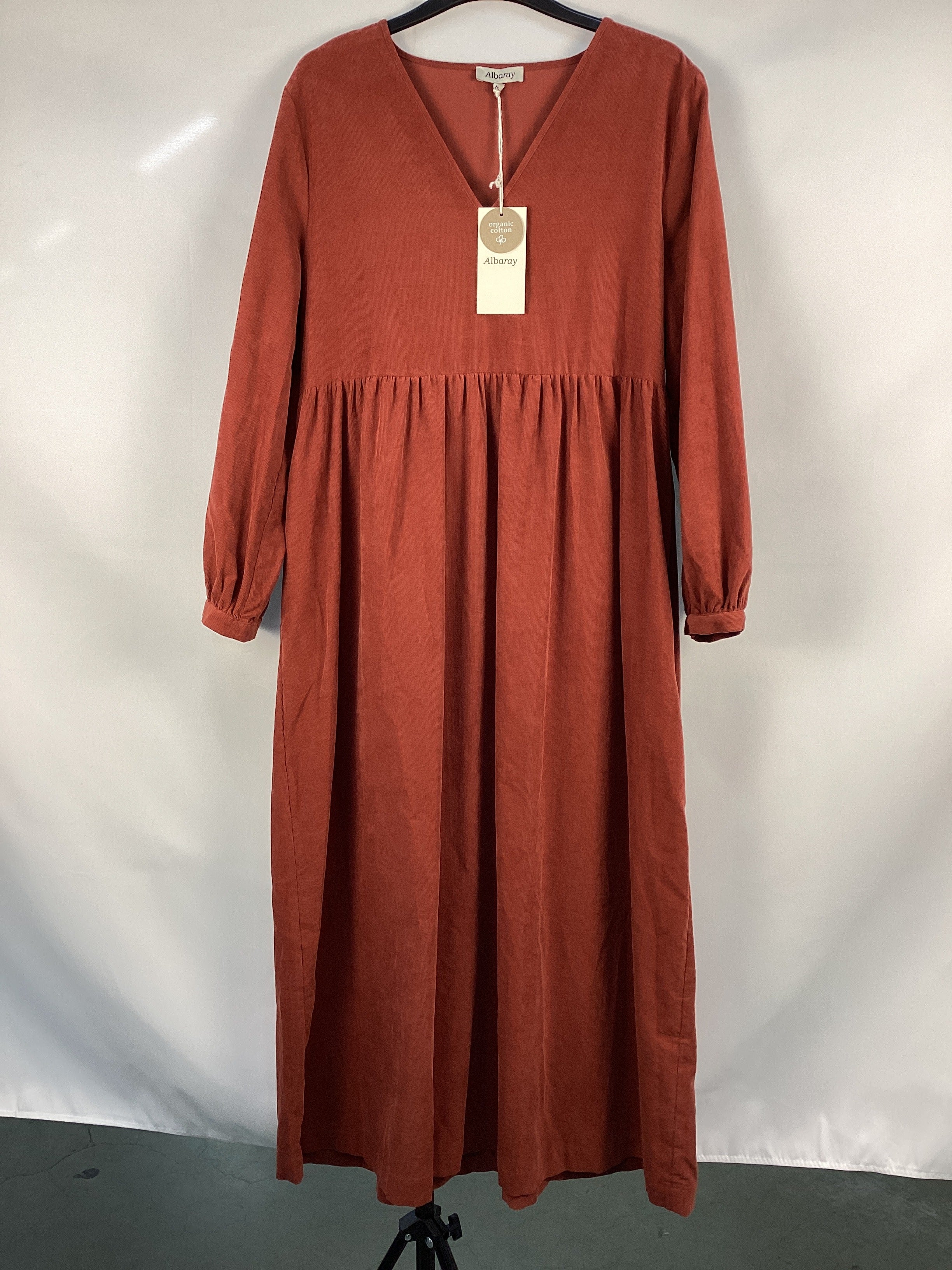 Re-Loved Cord V Neck Gathered Midi Dress - Size 10