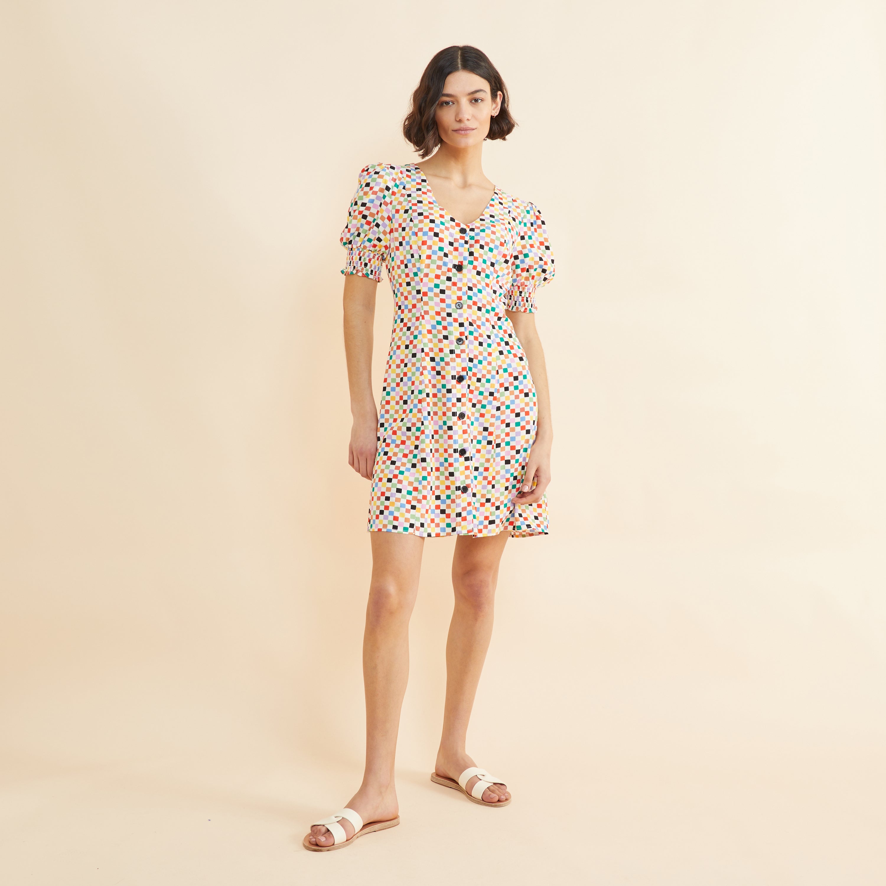 Chequerboard Button Short Dress