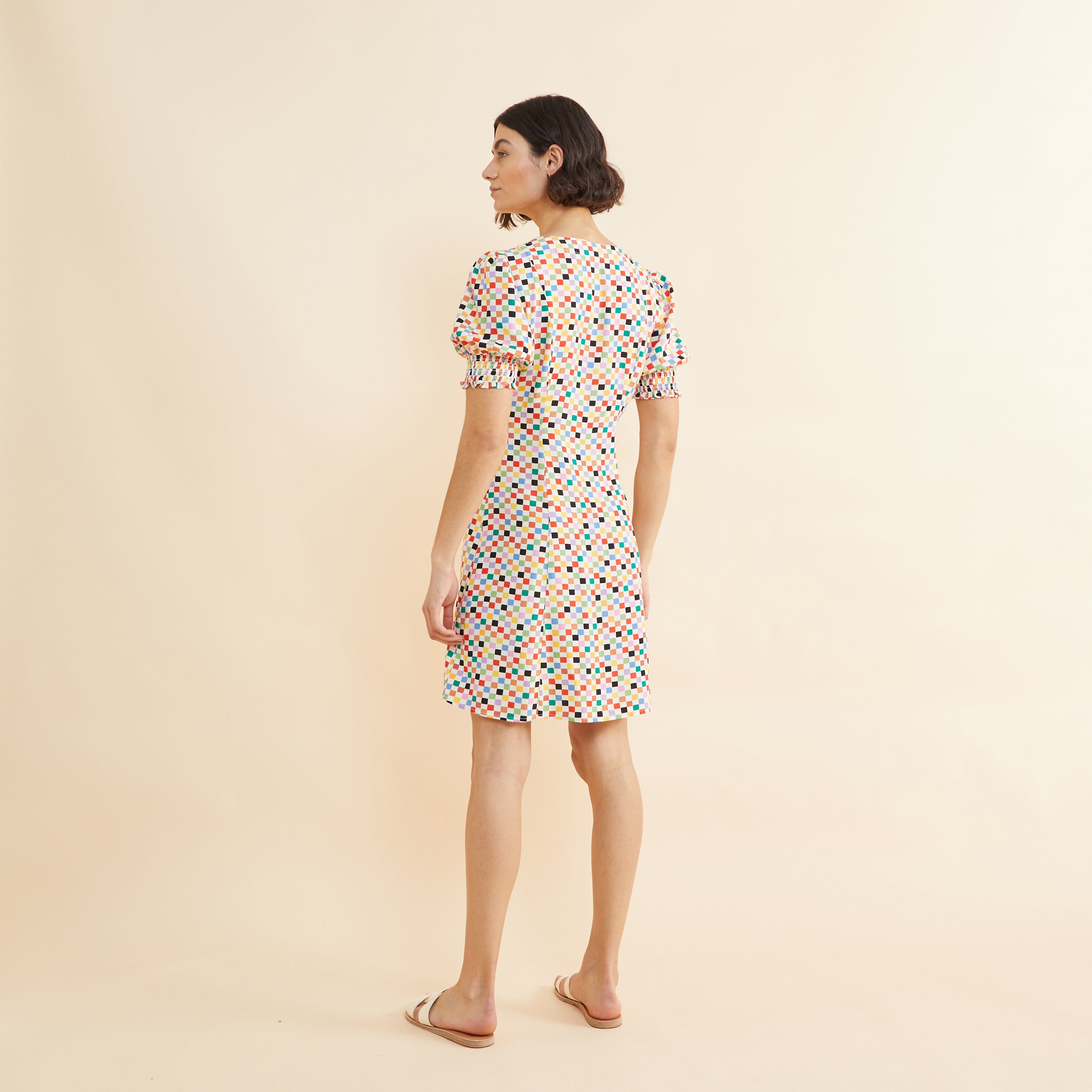 Chequerboard Button Short Dress