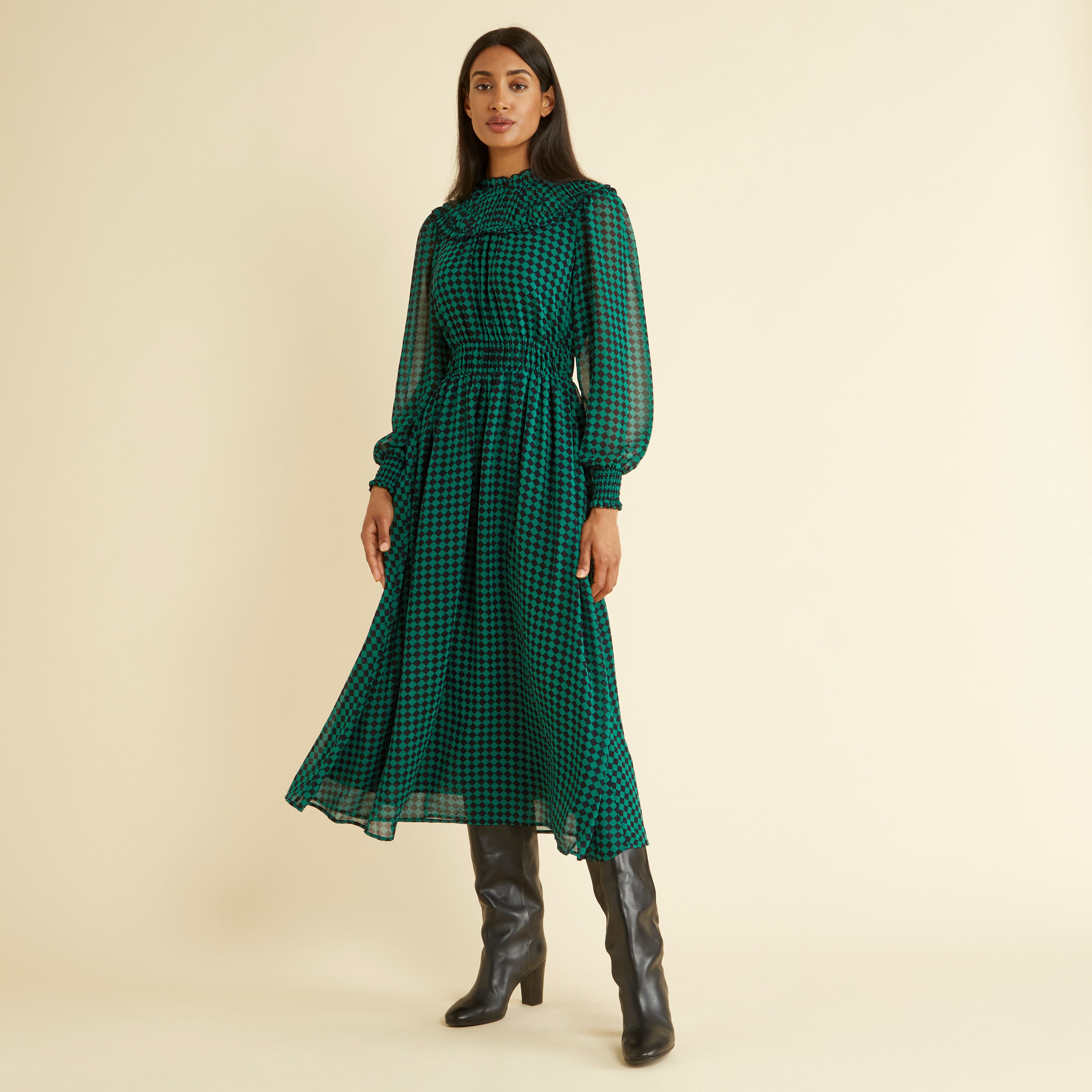 Harlequin Ruffle Neck Midi Dress