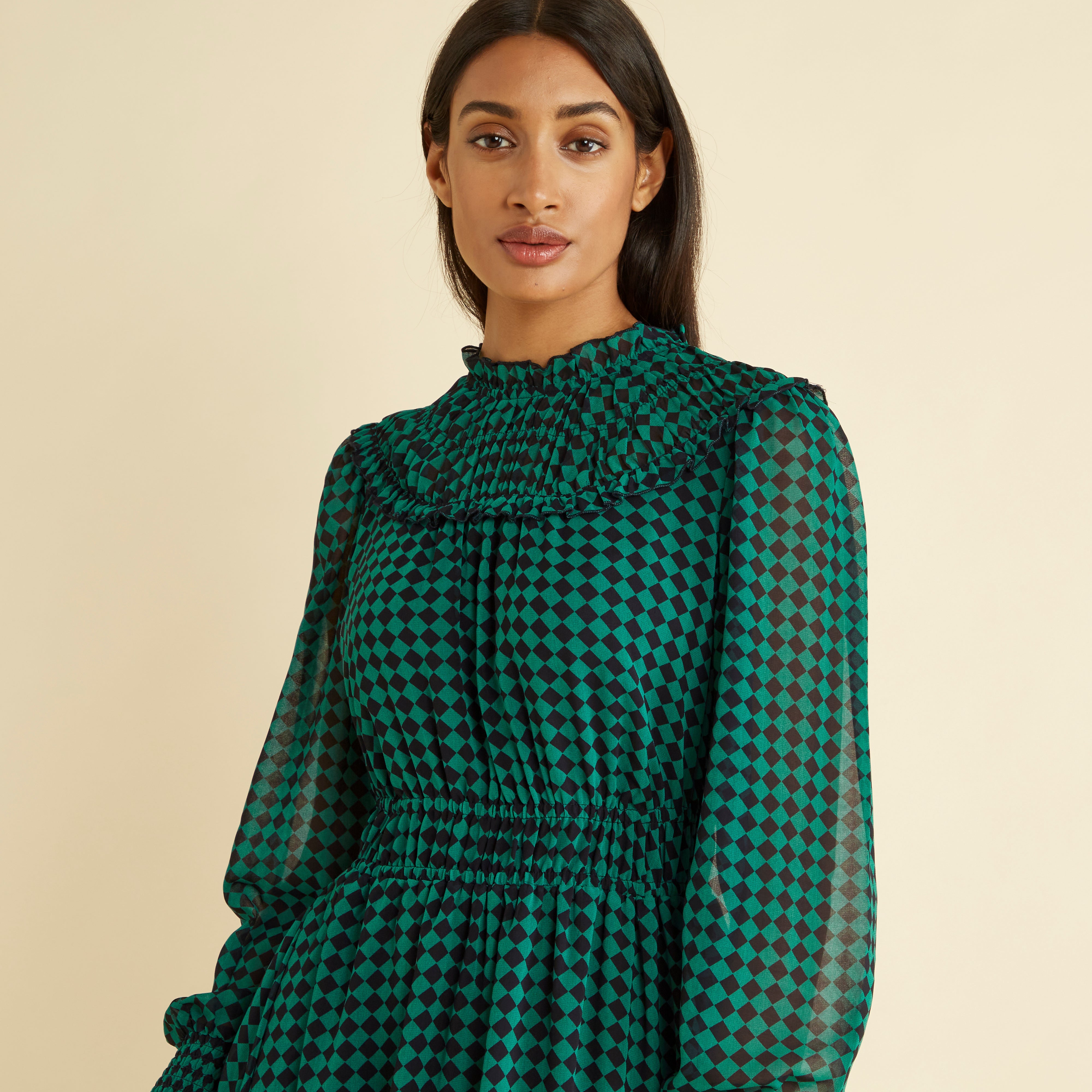 Harlequin Ruffle Neck Midi Dress