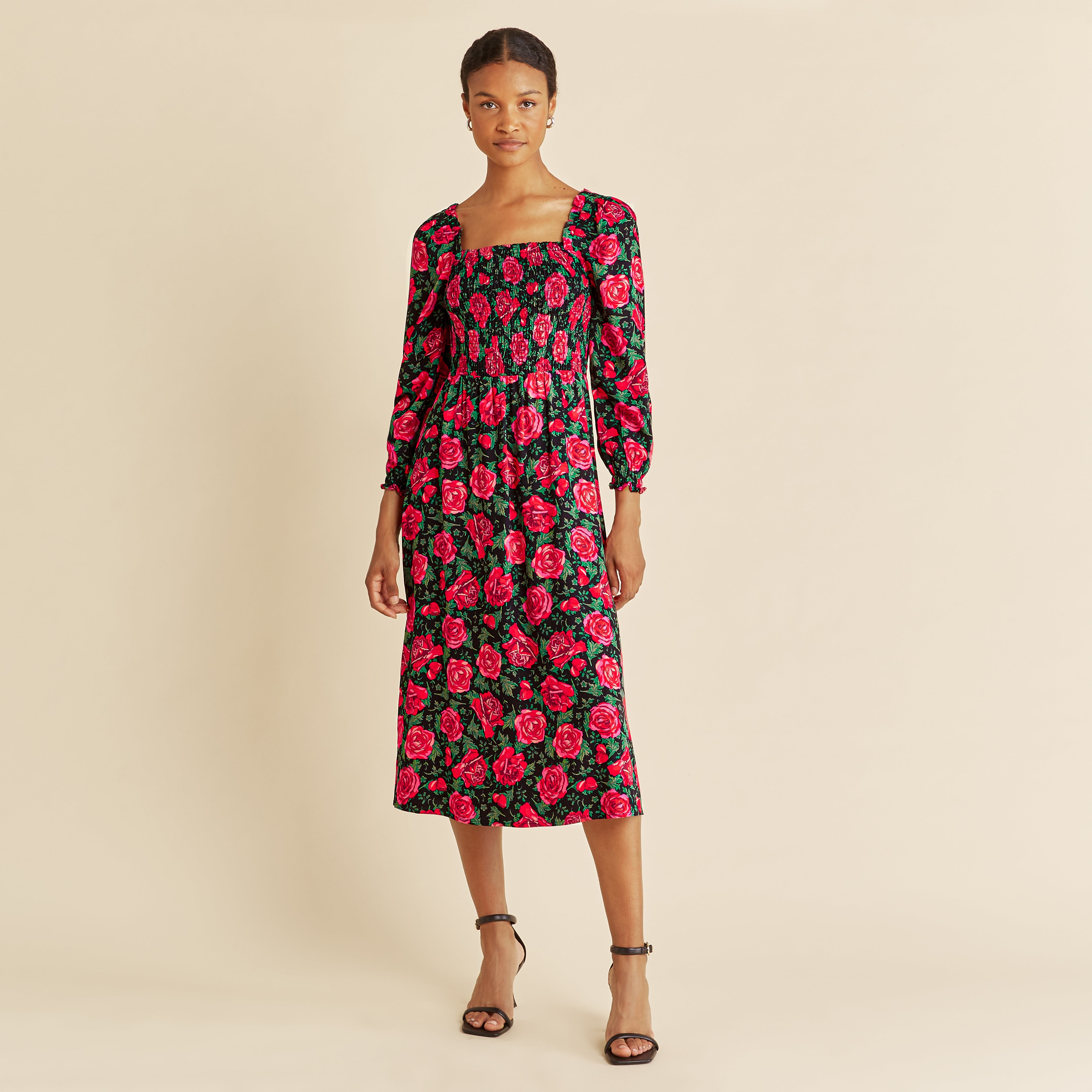 Rose Print Shirred Bodice Dress