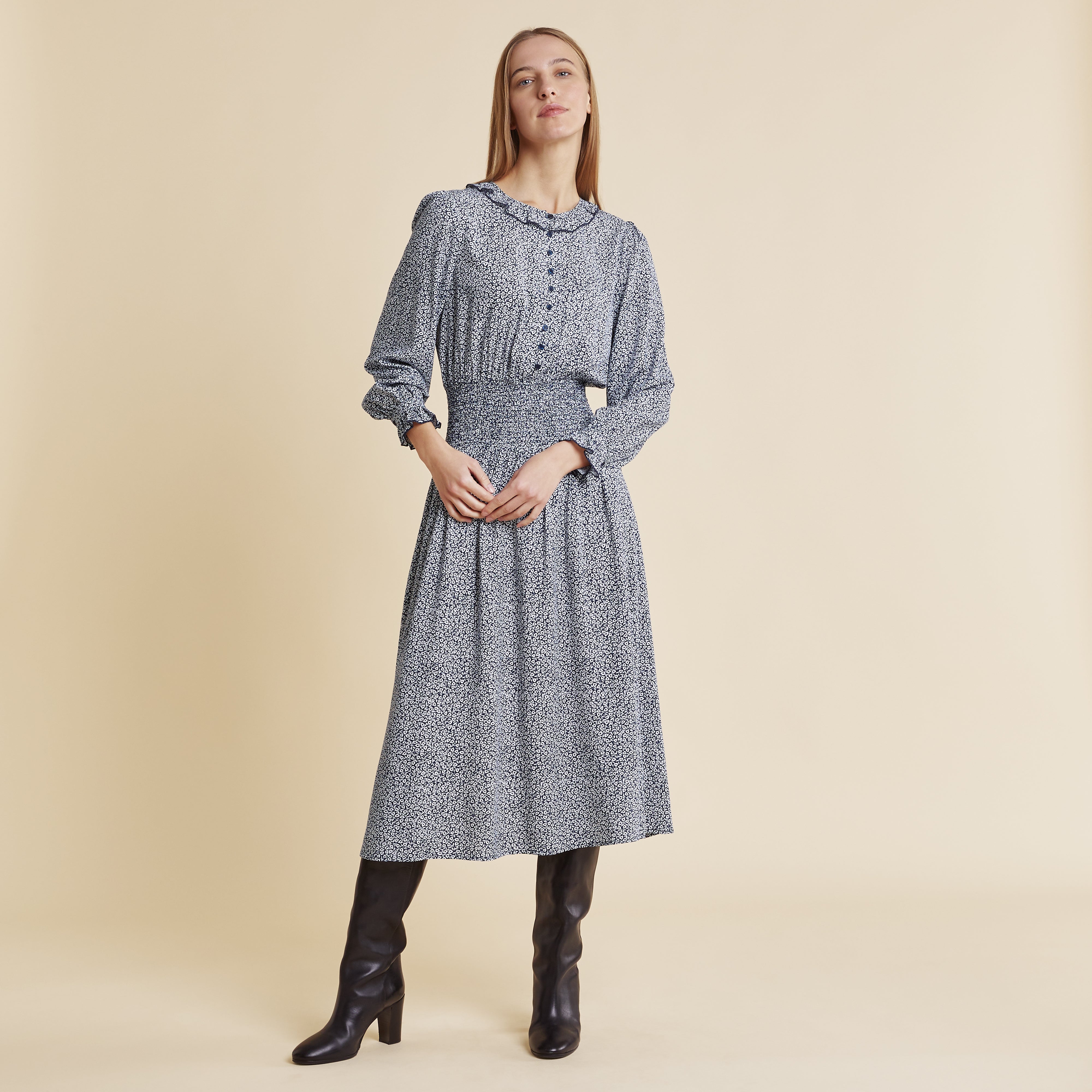 Linear Floral Ruffle Neck Dress