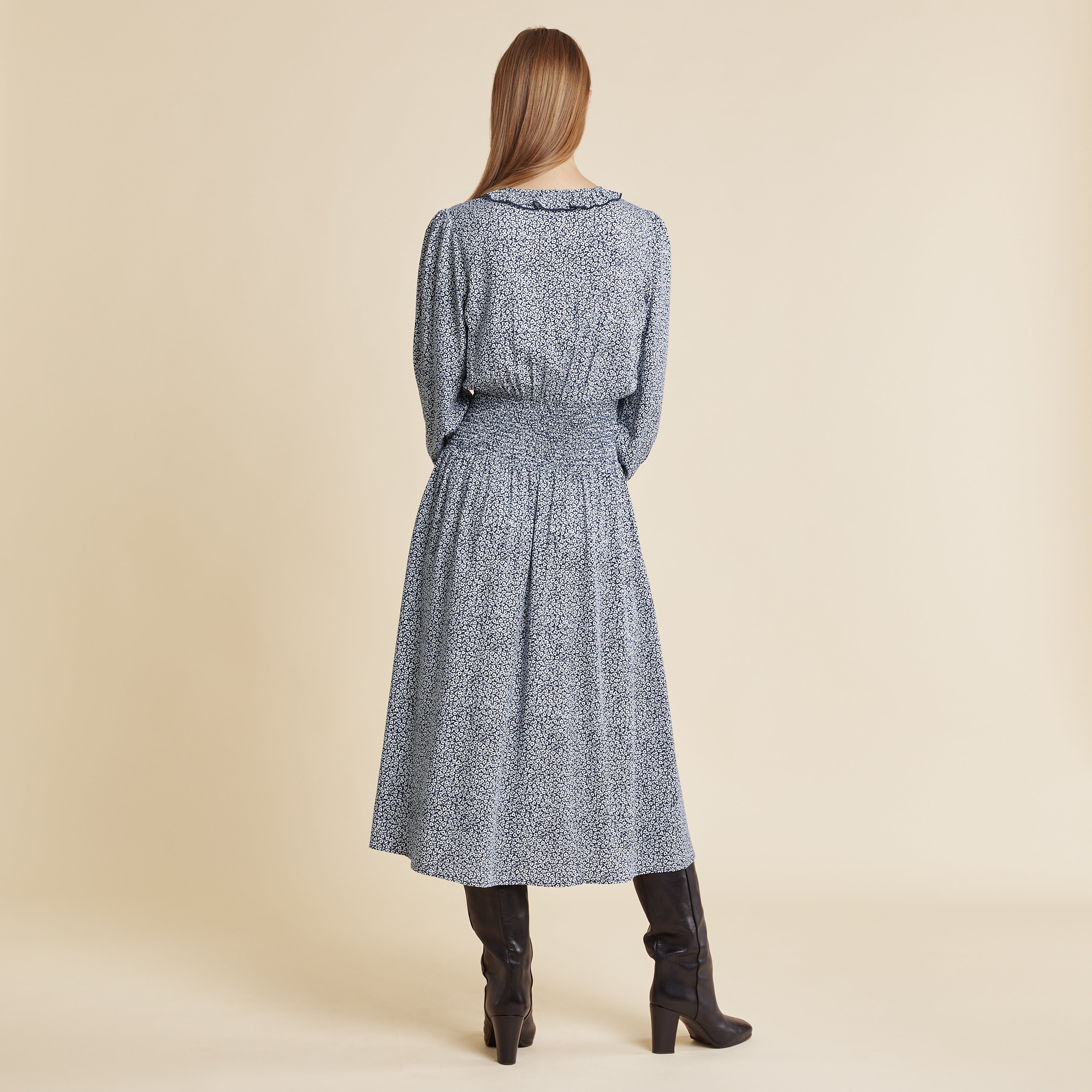 Linear Floral Ruffle Neck Dress