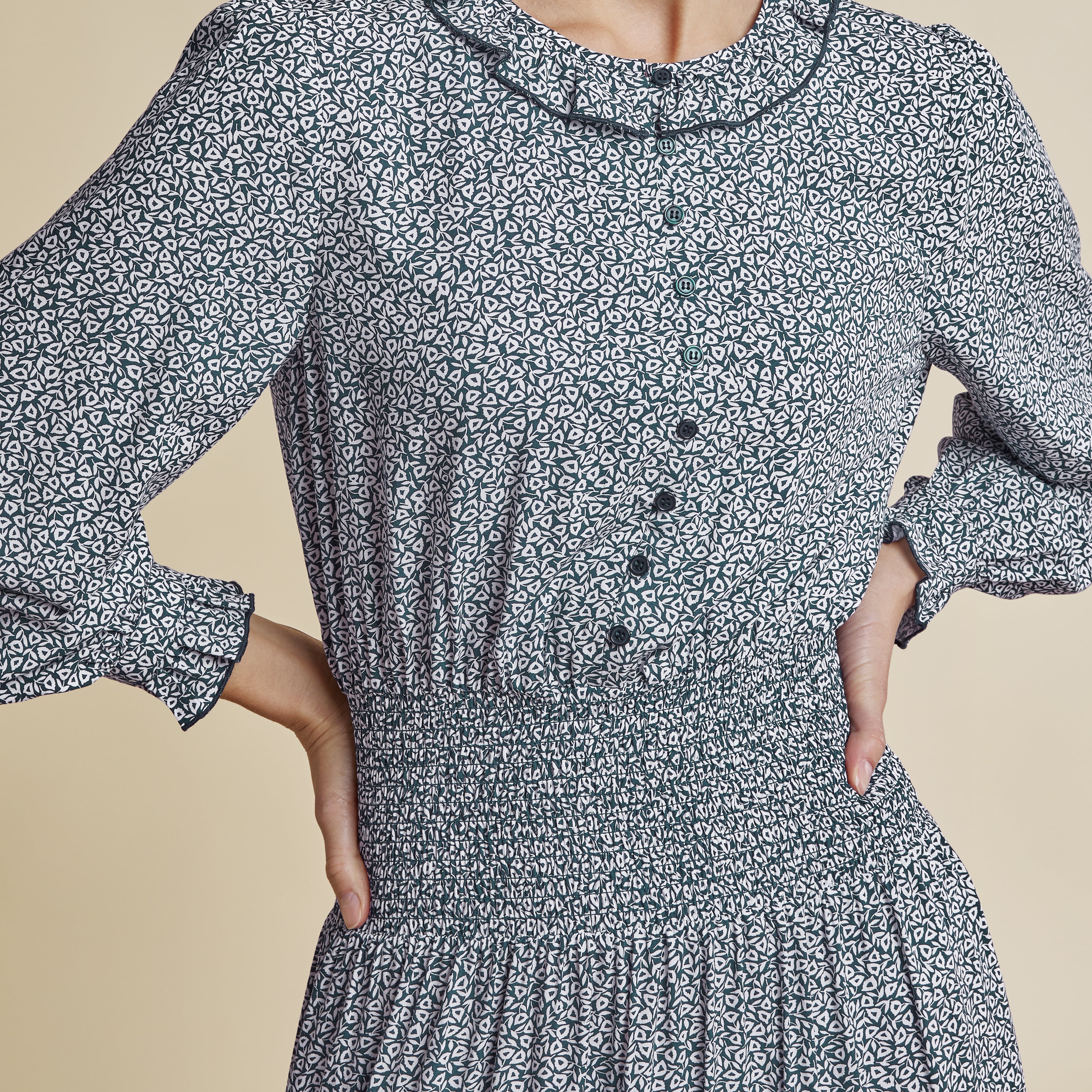 Linear Floral Ruffle Neck Dress