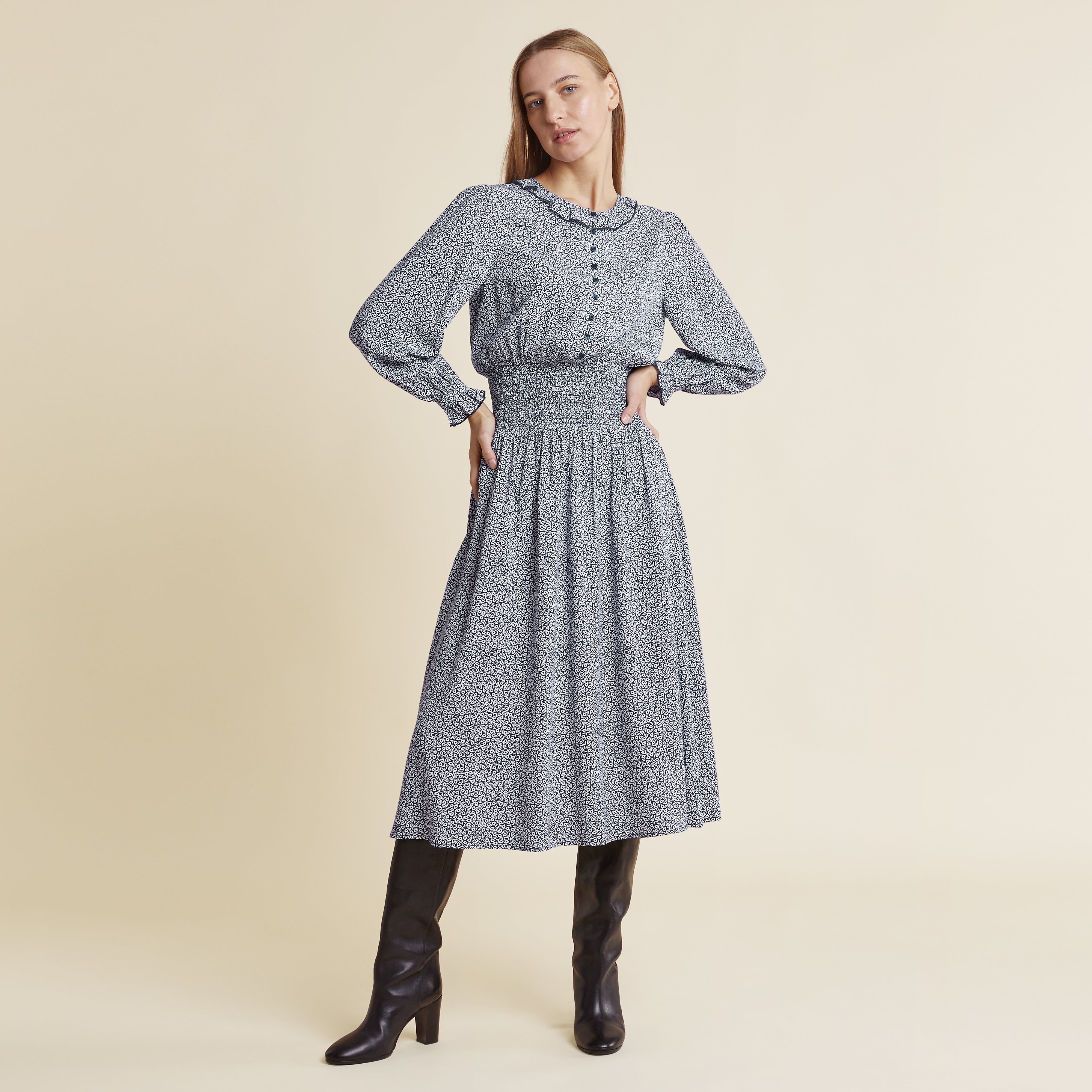 Linear Floral Ruffle Neck Dress