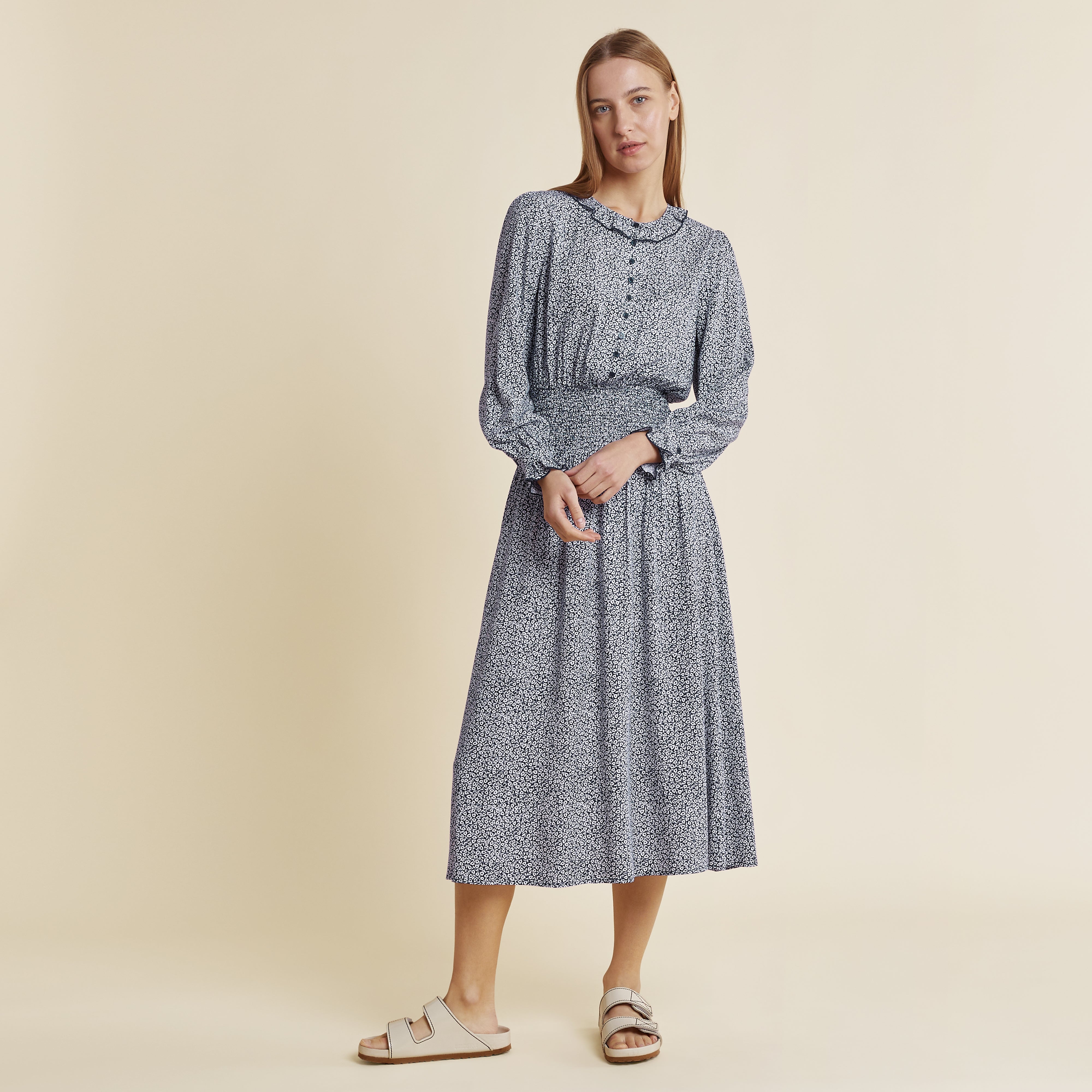 Linear Floral Ruffle Neck Dress