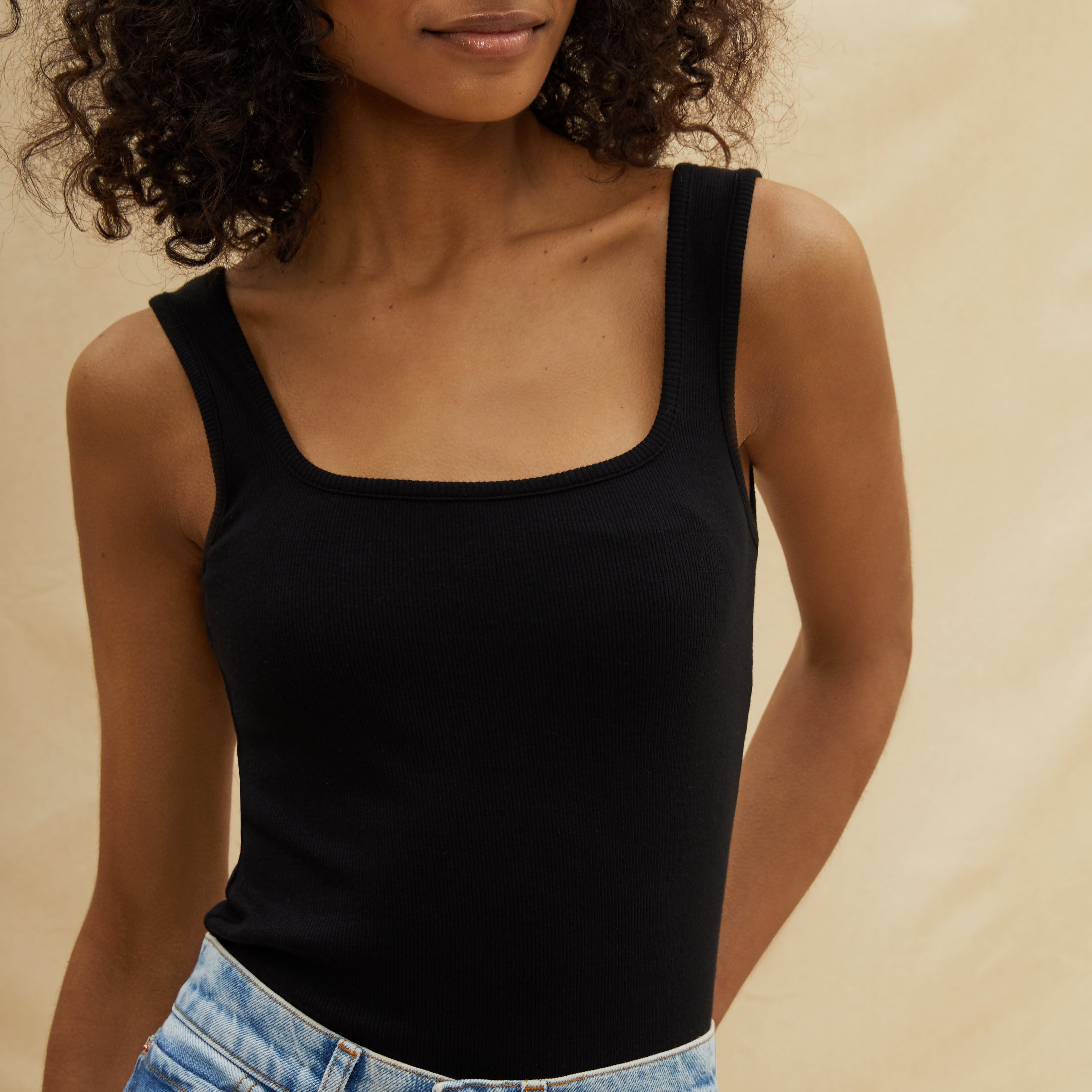 Black Square Neck Rib Vest