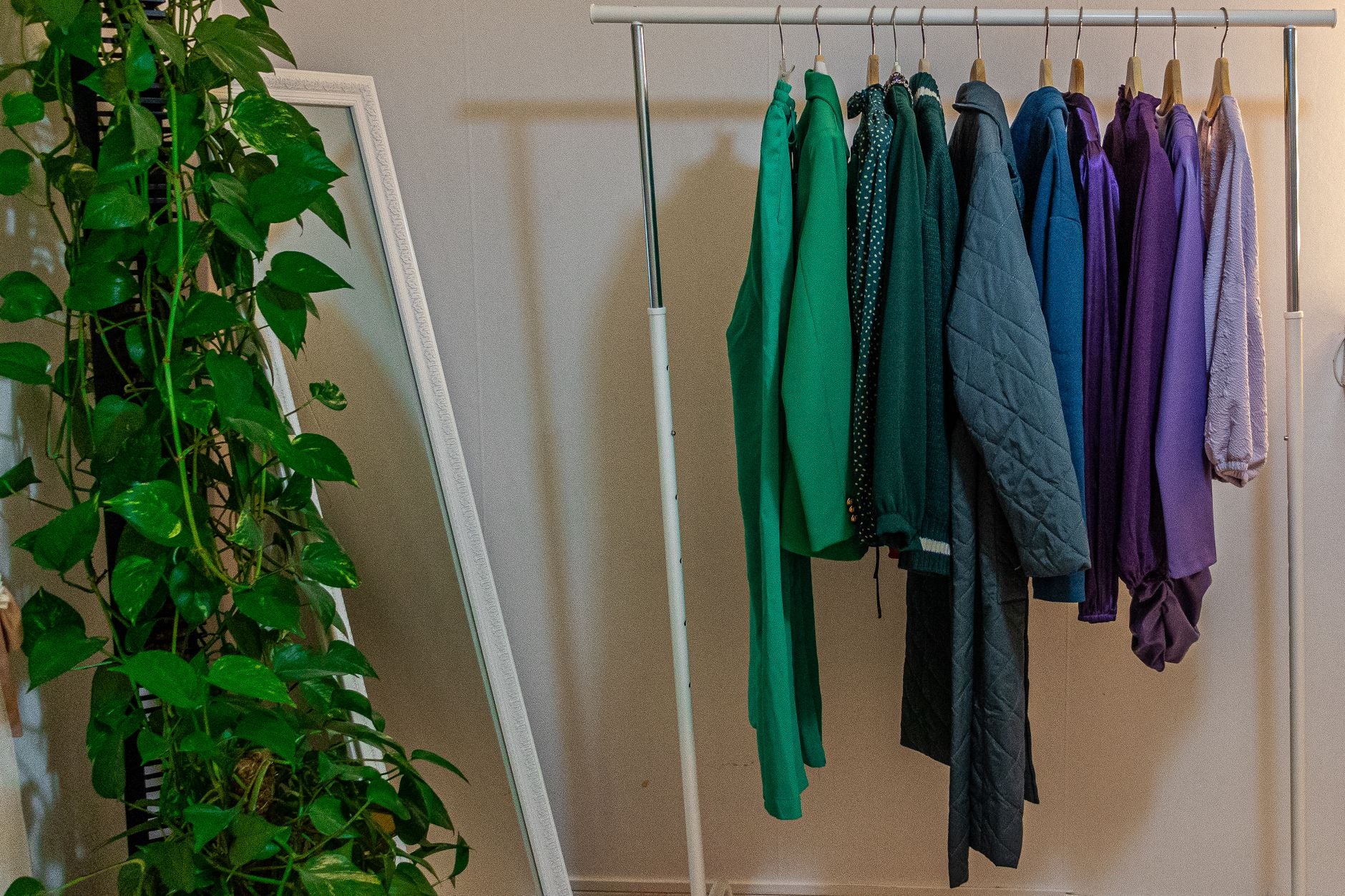 A clothes rack with colorful garments beside a mirror and lush ivy plant indoors.