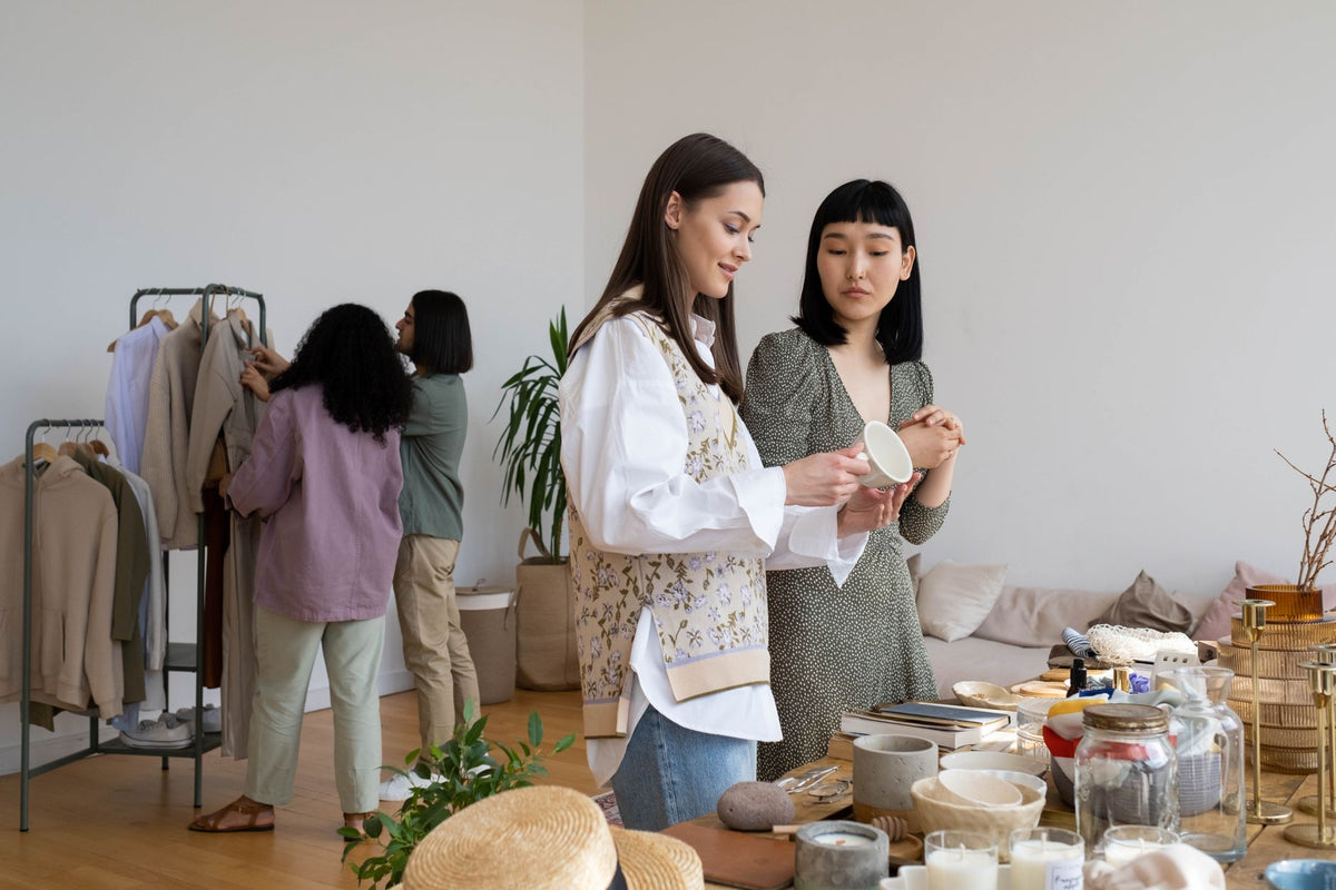 Four women browsing clothes and items at an indoor swap party, focused on sustainable living.