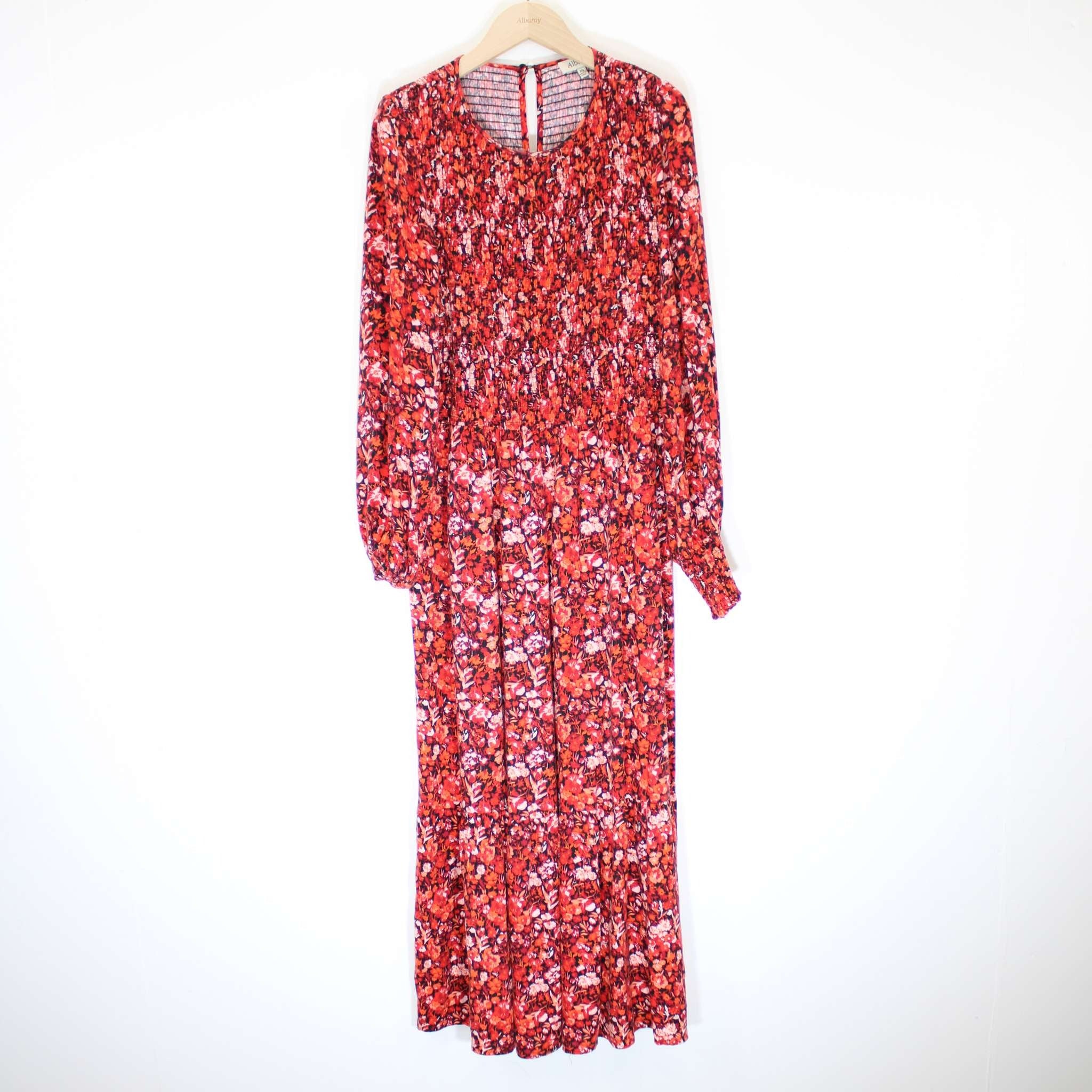 Re-Loved Red Floral Smocked Midi Dress Size 10