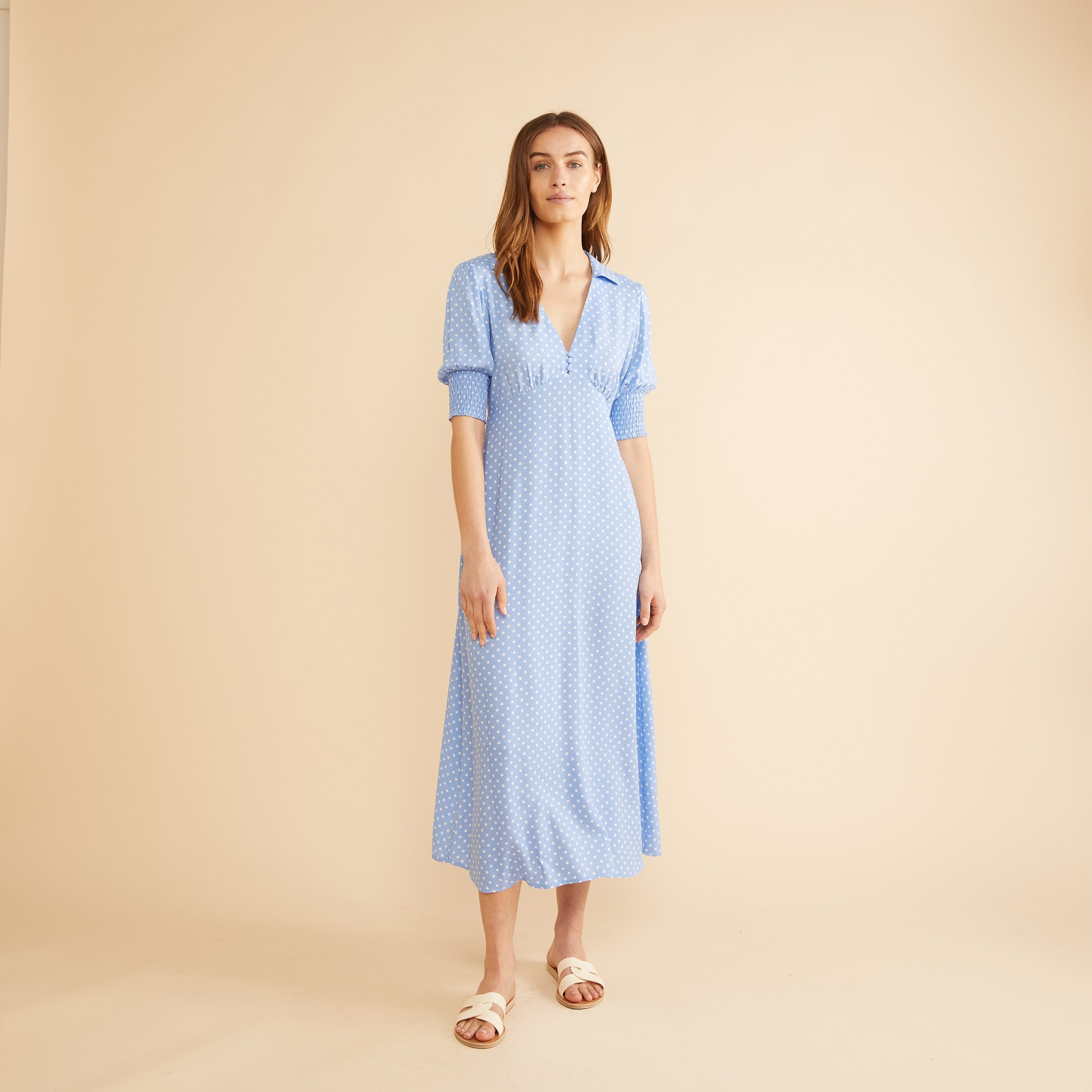 Re-Loved Blue Spot Print Collared Midi Dress  Size 10