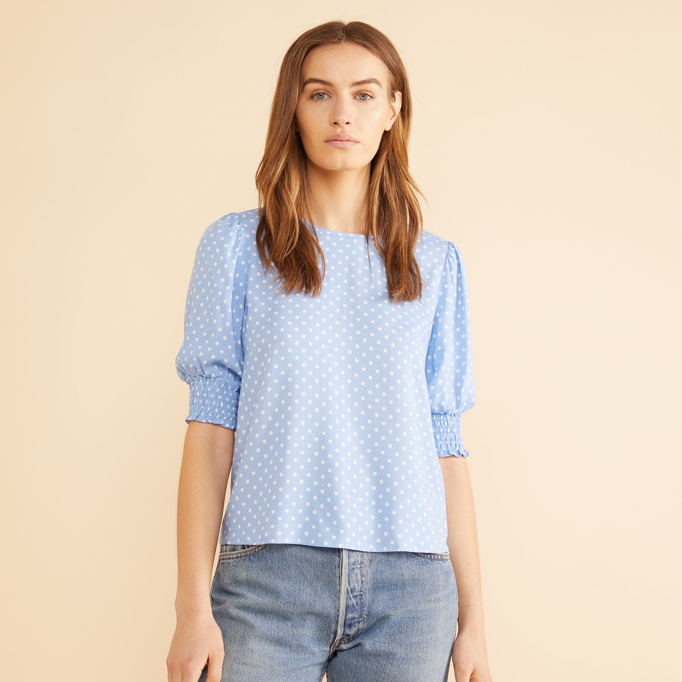 Re-Loved Blue Spot Print Puff Sleeve Top Size 10