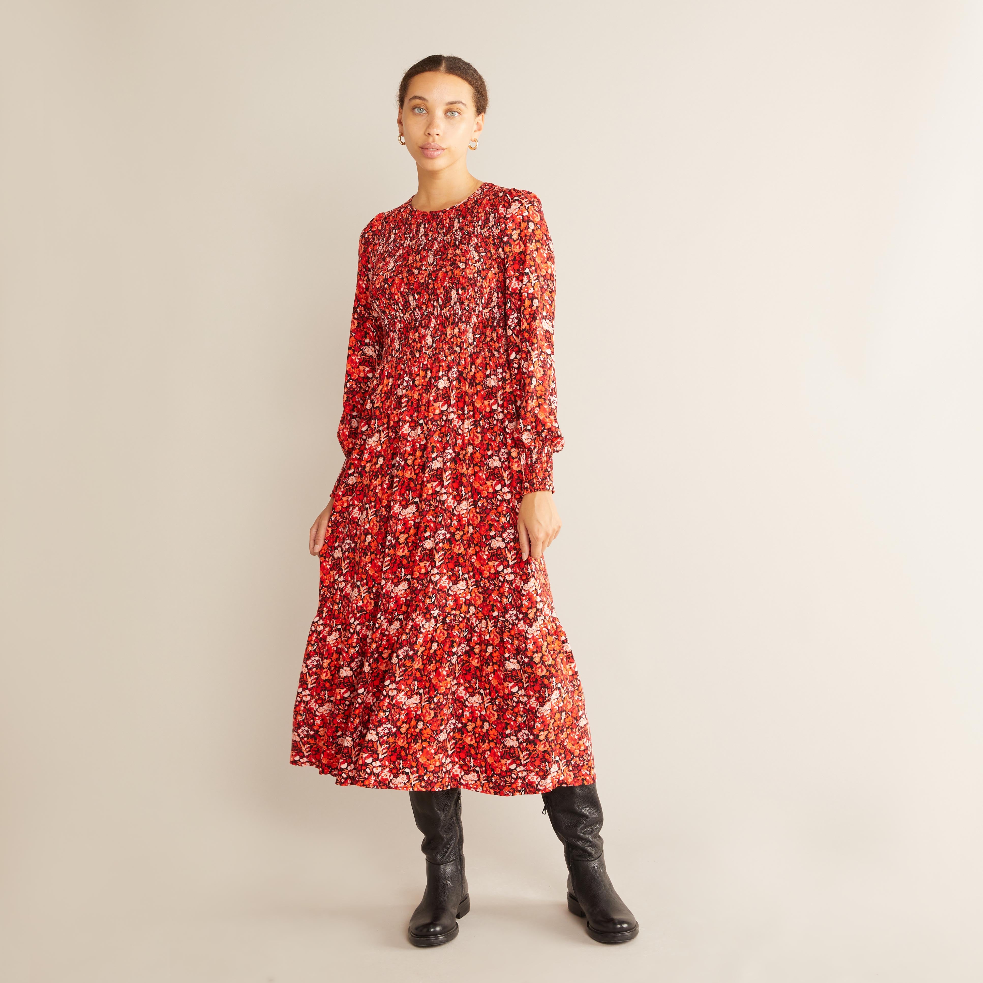 Re-Loved Red Floral Smocked Midi Dress Size 10