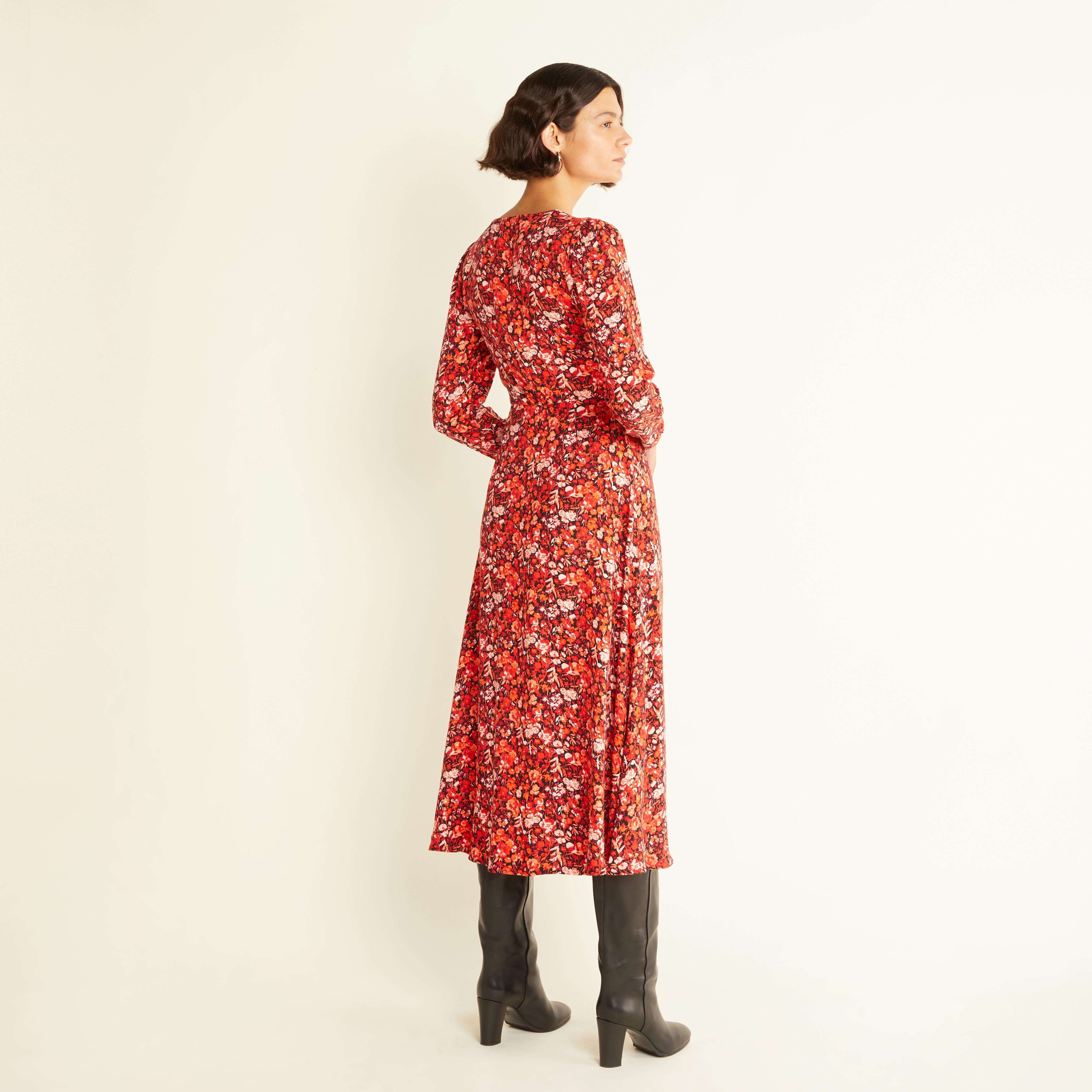 Re-Loved Red Floral V Neck Midi Dress - Size 10