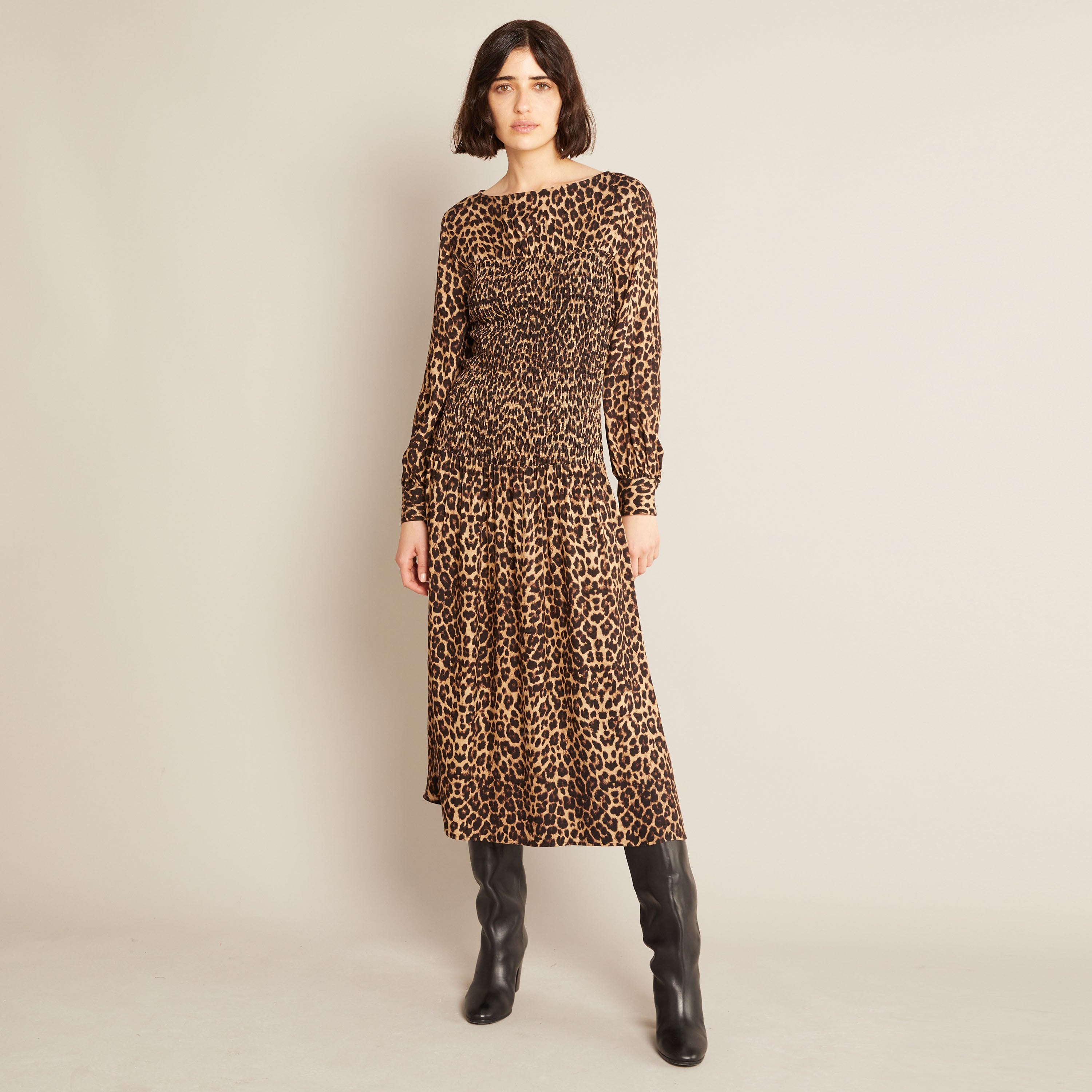 Re-Loved Animal Print Shirred Bodice Midi Dress Size 12