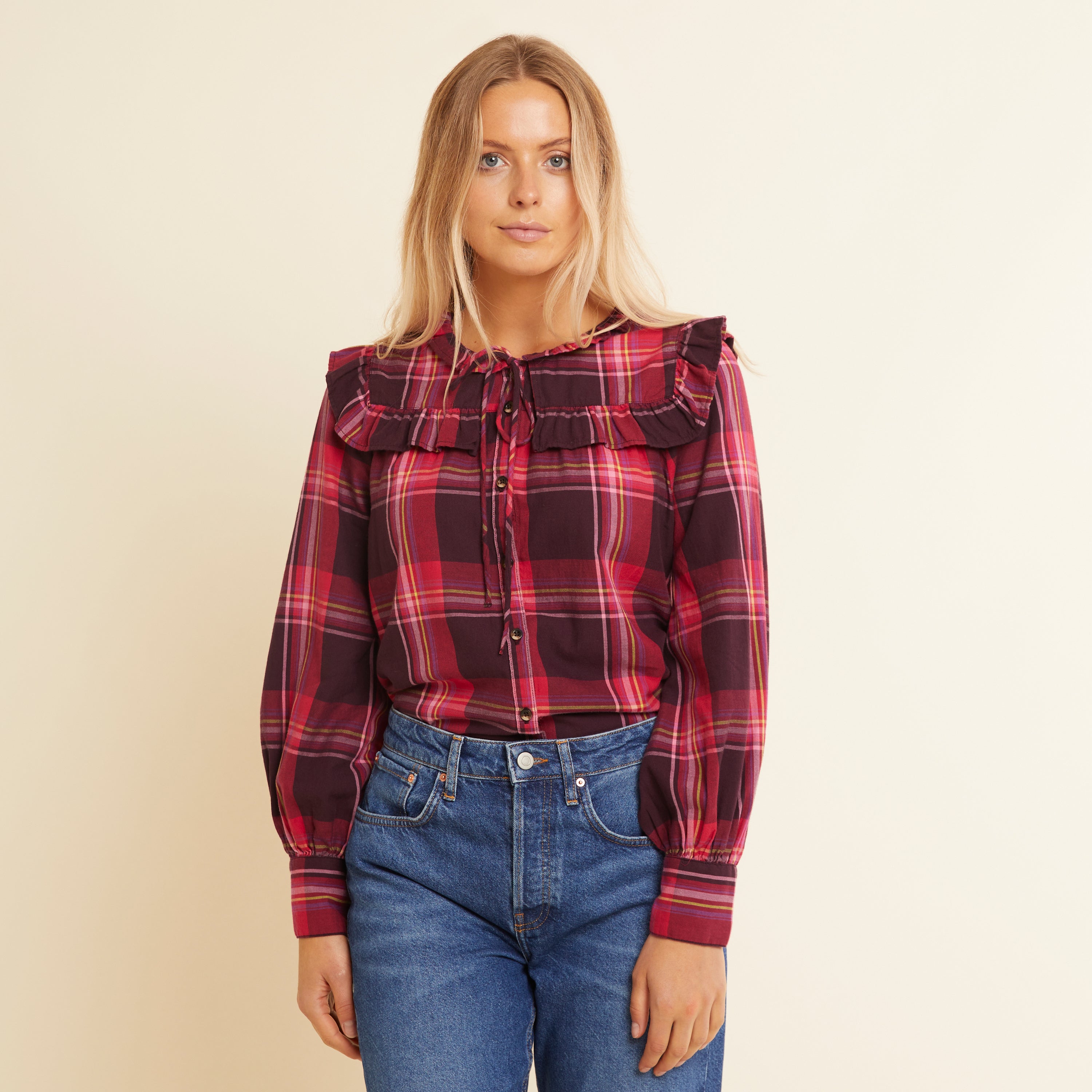 Re-Loved Plum Red Check Top Size 14