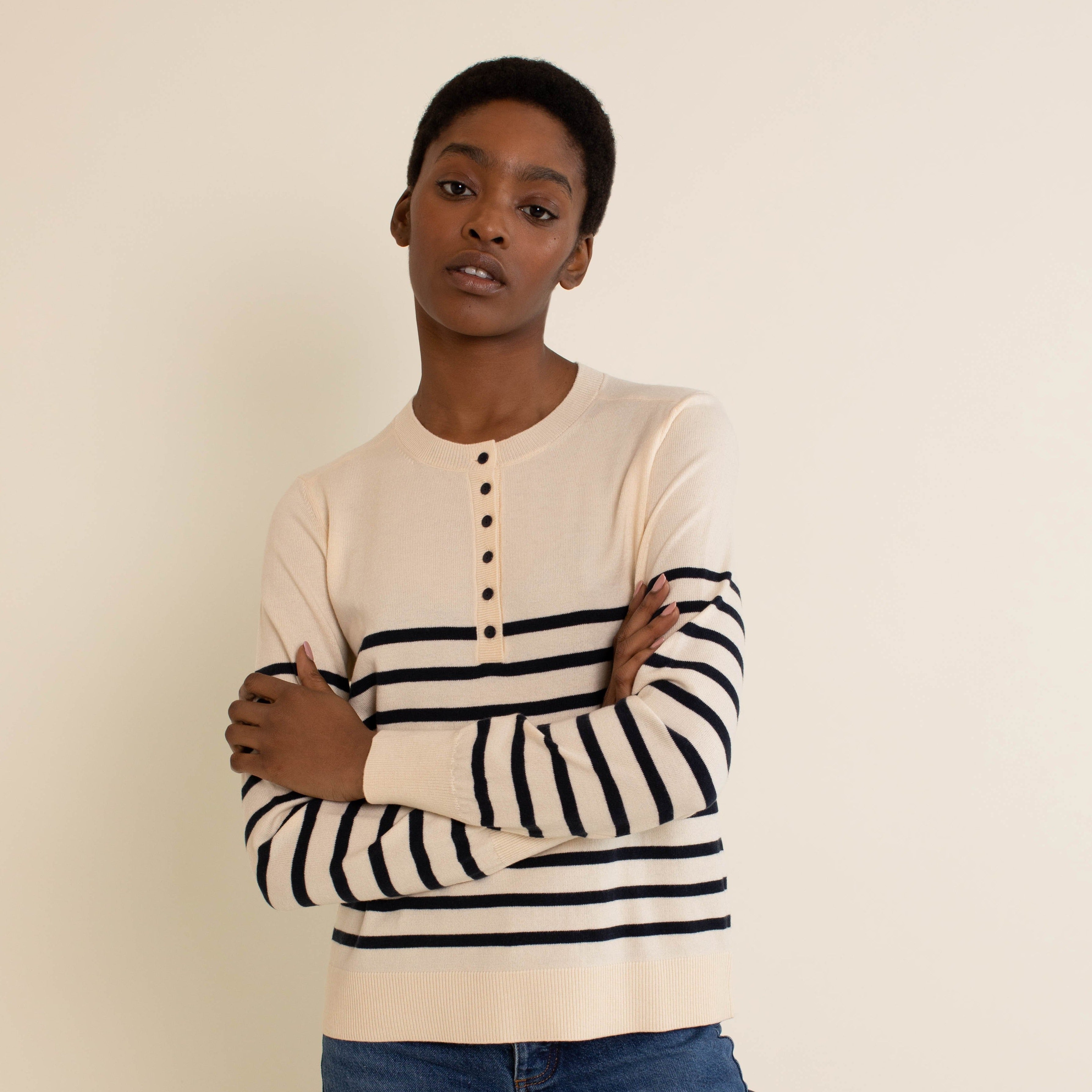 Re-Loved  Stripe Button Crew Neck Jumper - Size 10