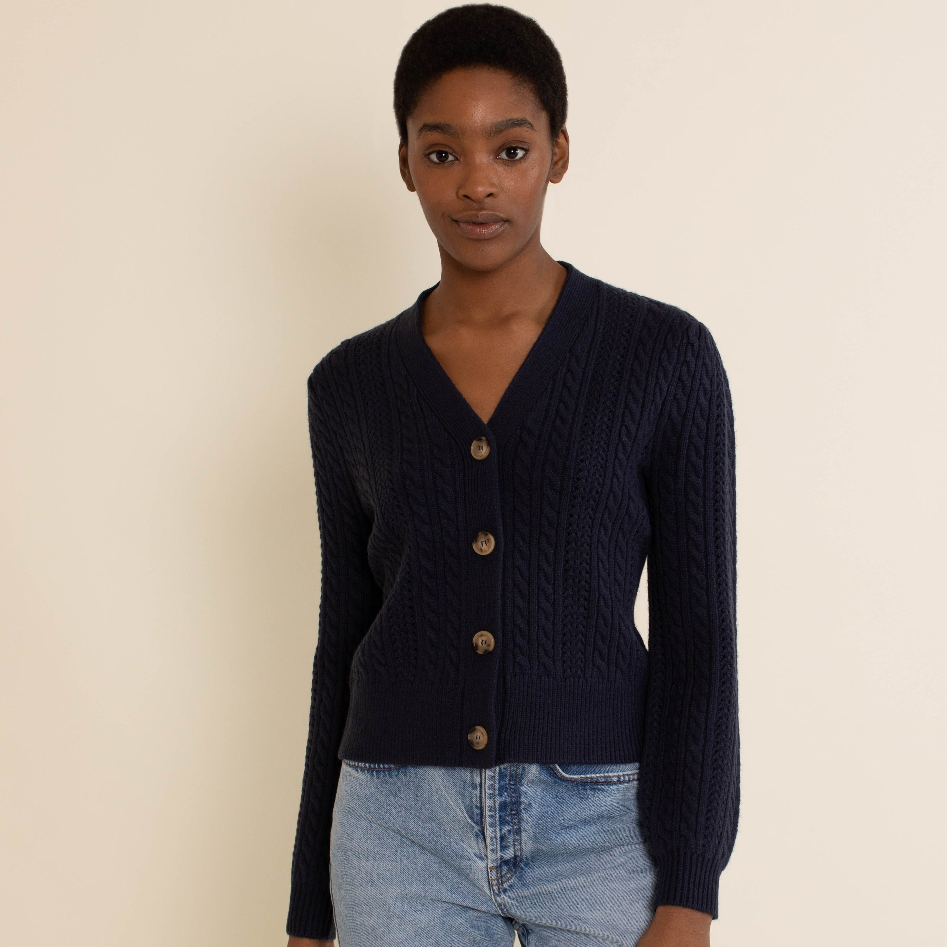 Re-Loved Navy Cable V Neck Cardigan Size 10