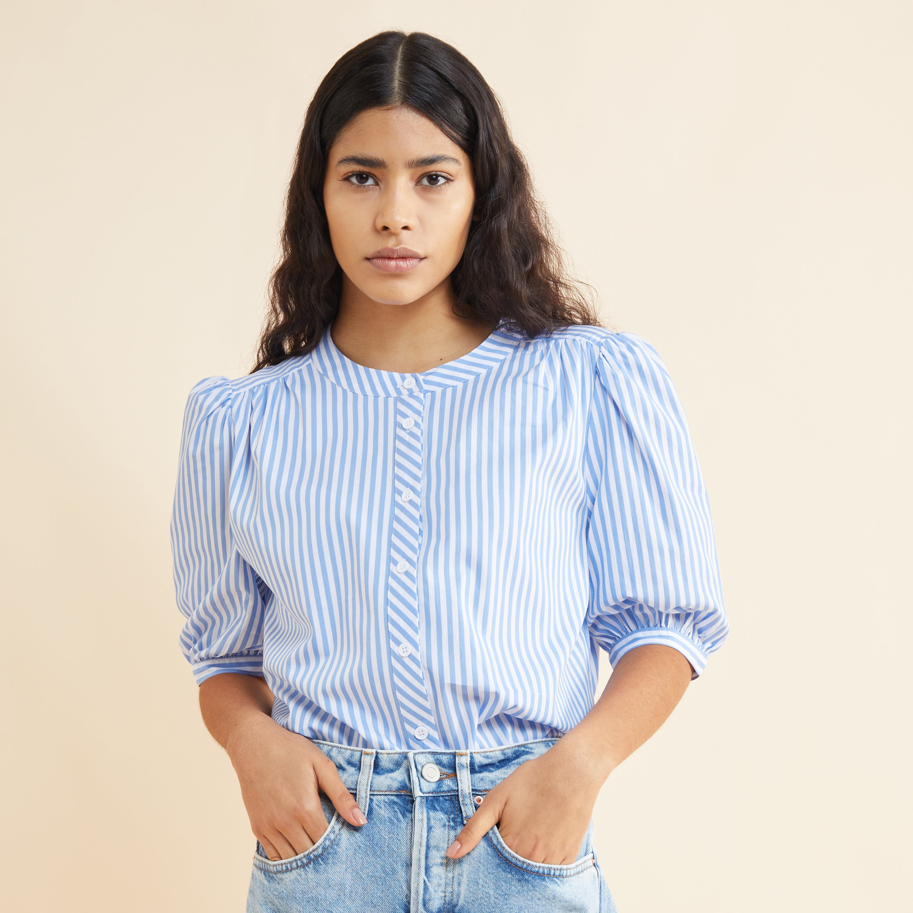 Re-Loved Organic Cotton Blue Stripe Blouse Size 14