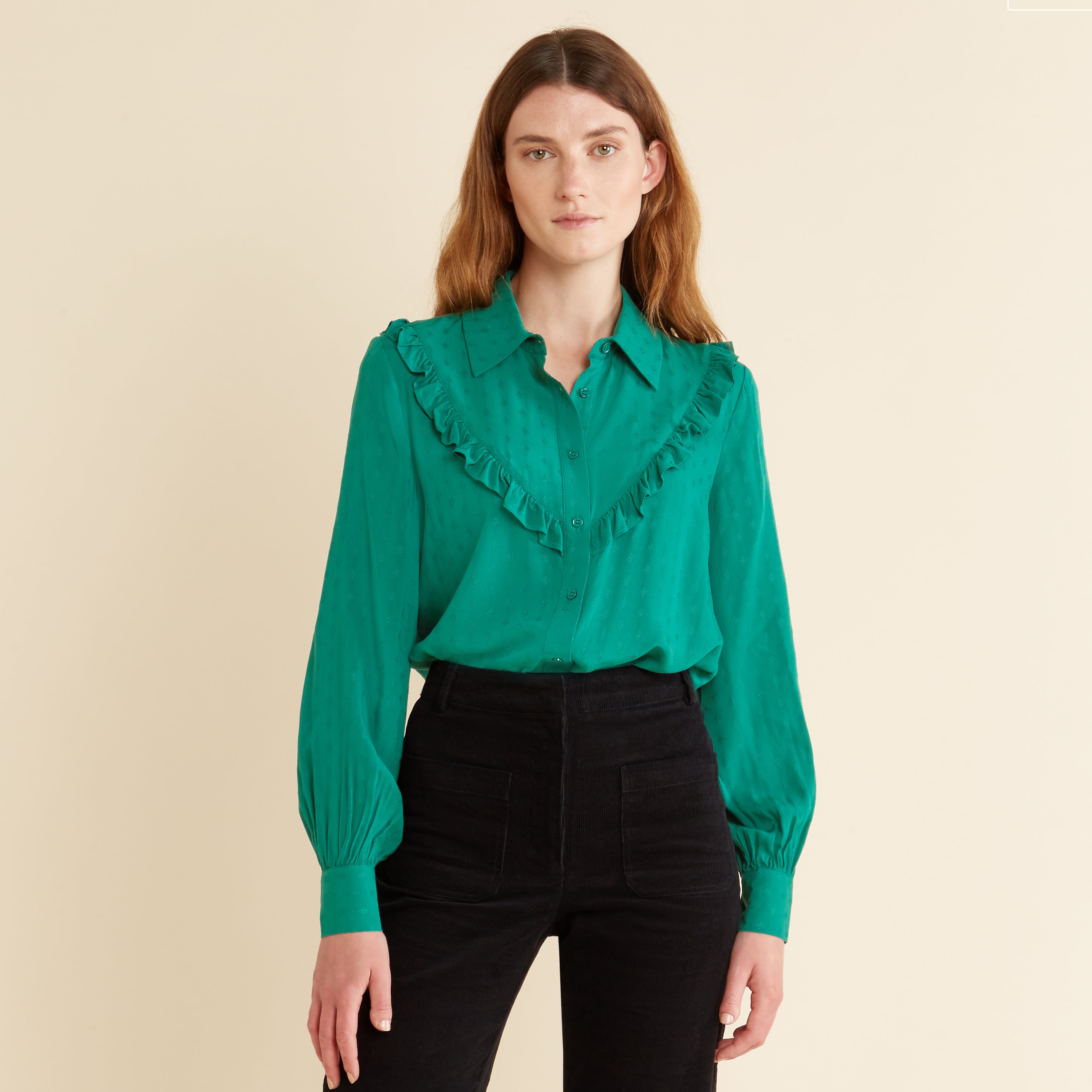 Re-Loved Green Jacquard Frill Shirt - Size 14