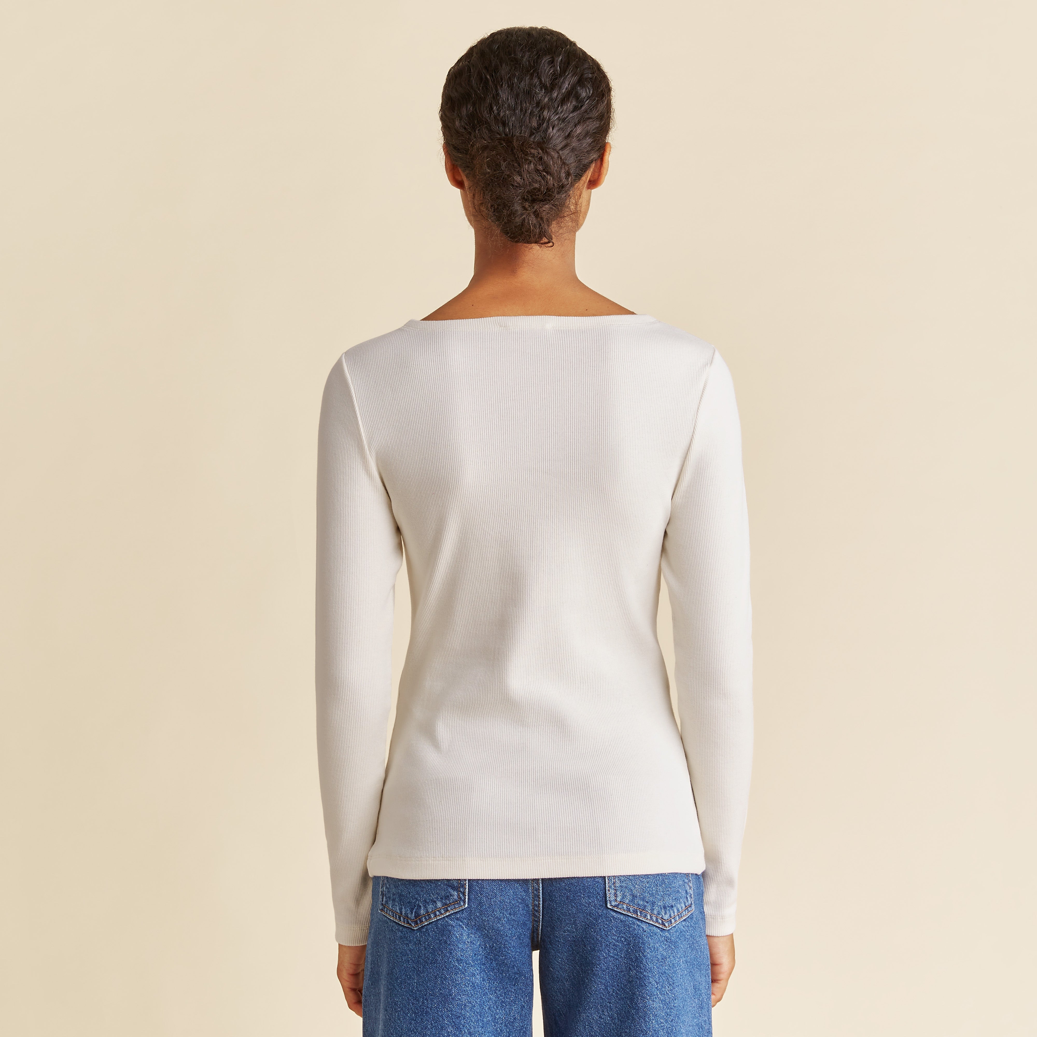 Re-Loved Cream Long Sleeve Rib Boat Neck Top - Size 12