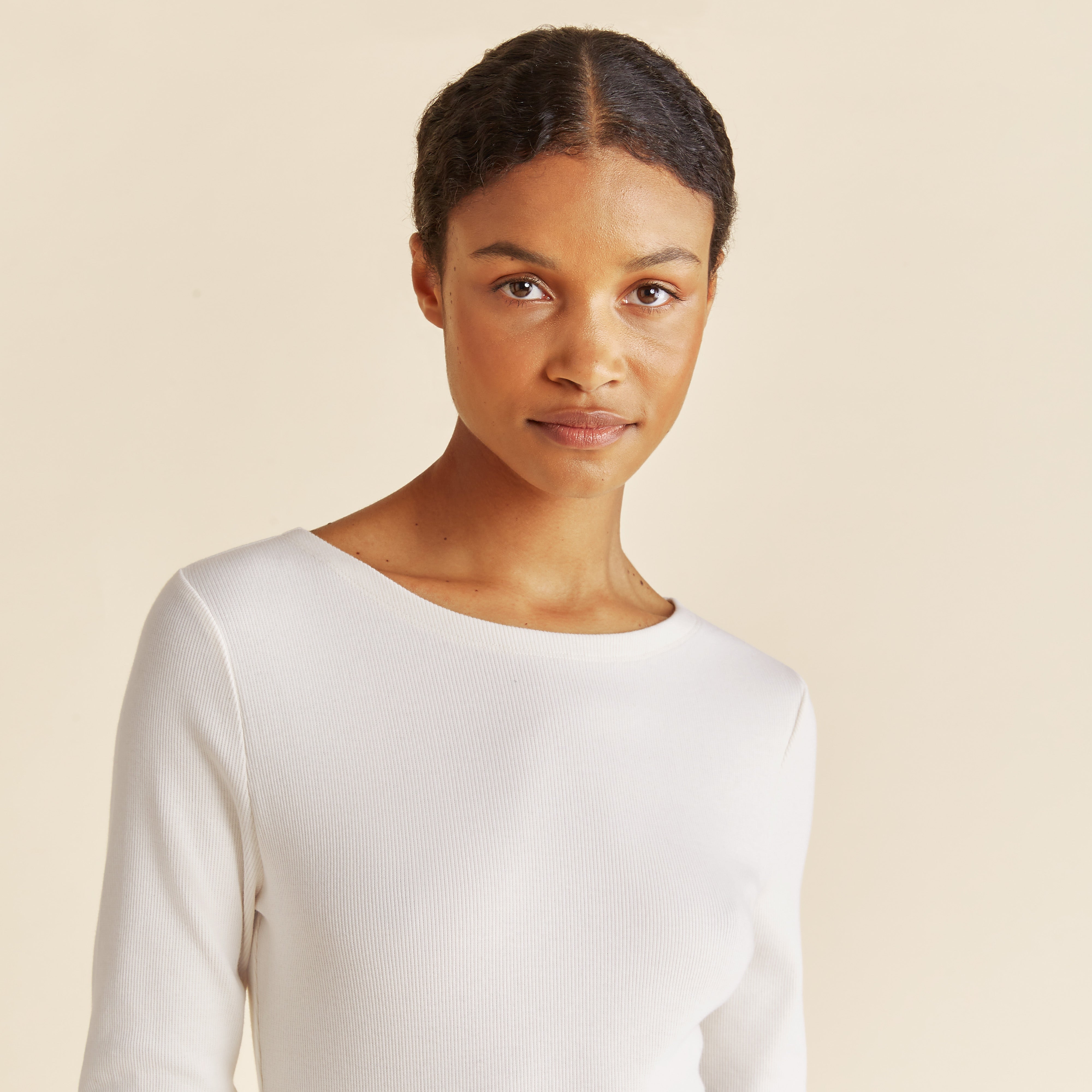 Re-Loved Cream Long Sleeve Rib Boat Neck Top - Size 12