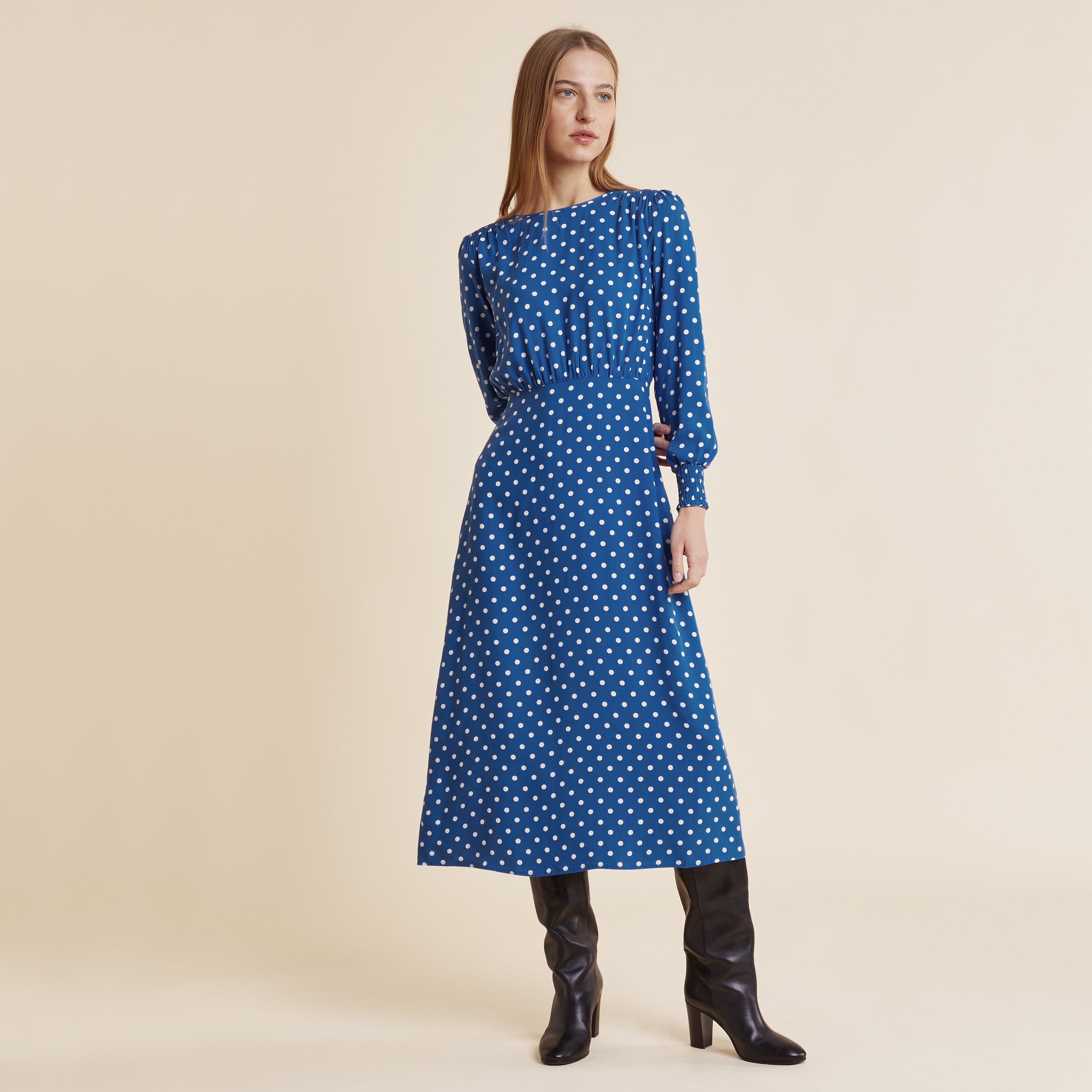 Re-Loved Blue Spot Midi Dress - Size 18