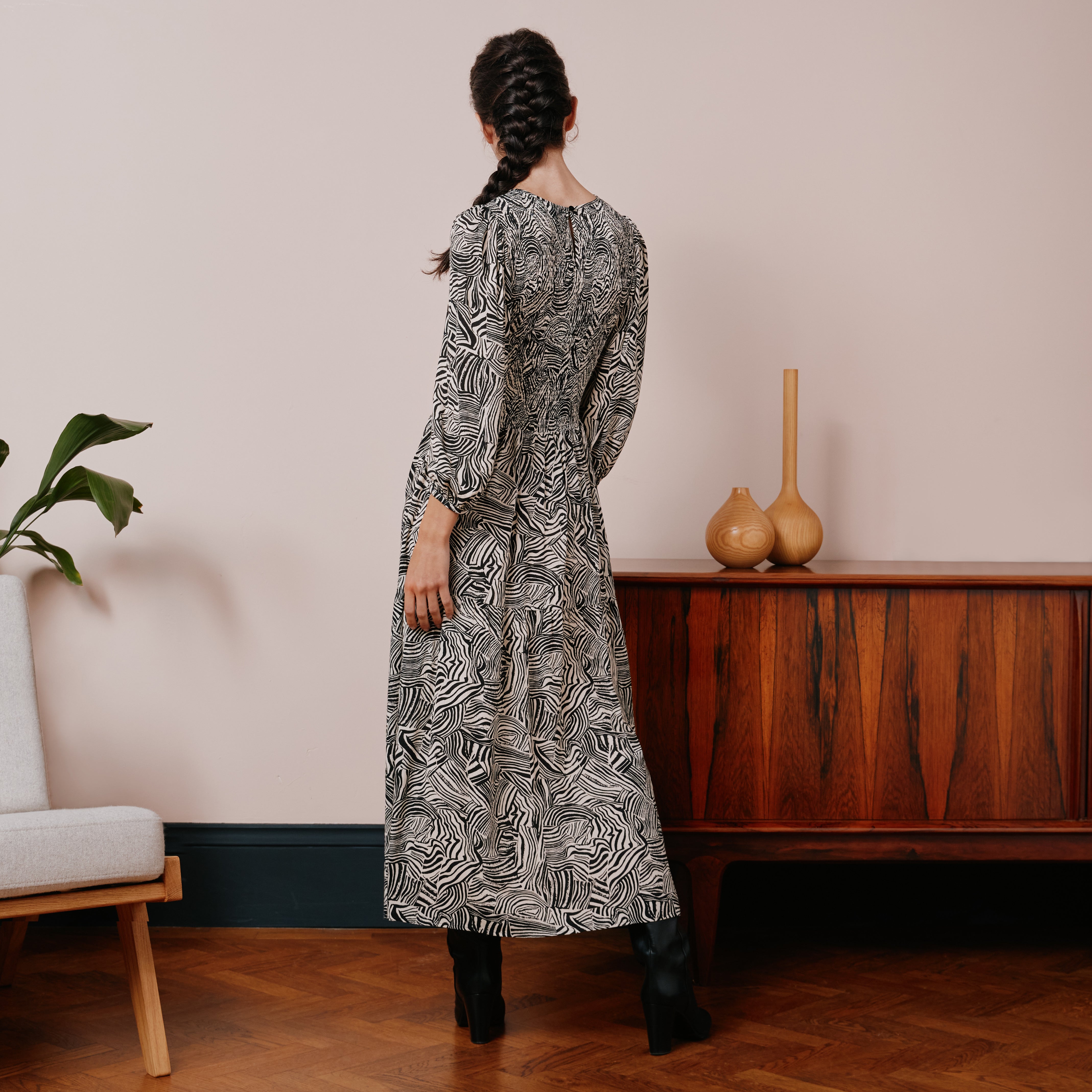 Abstract Mono Print Shirred Bodice Dress
