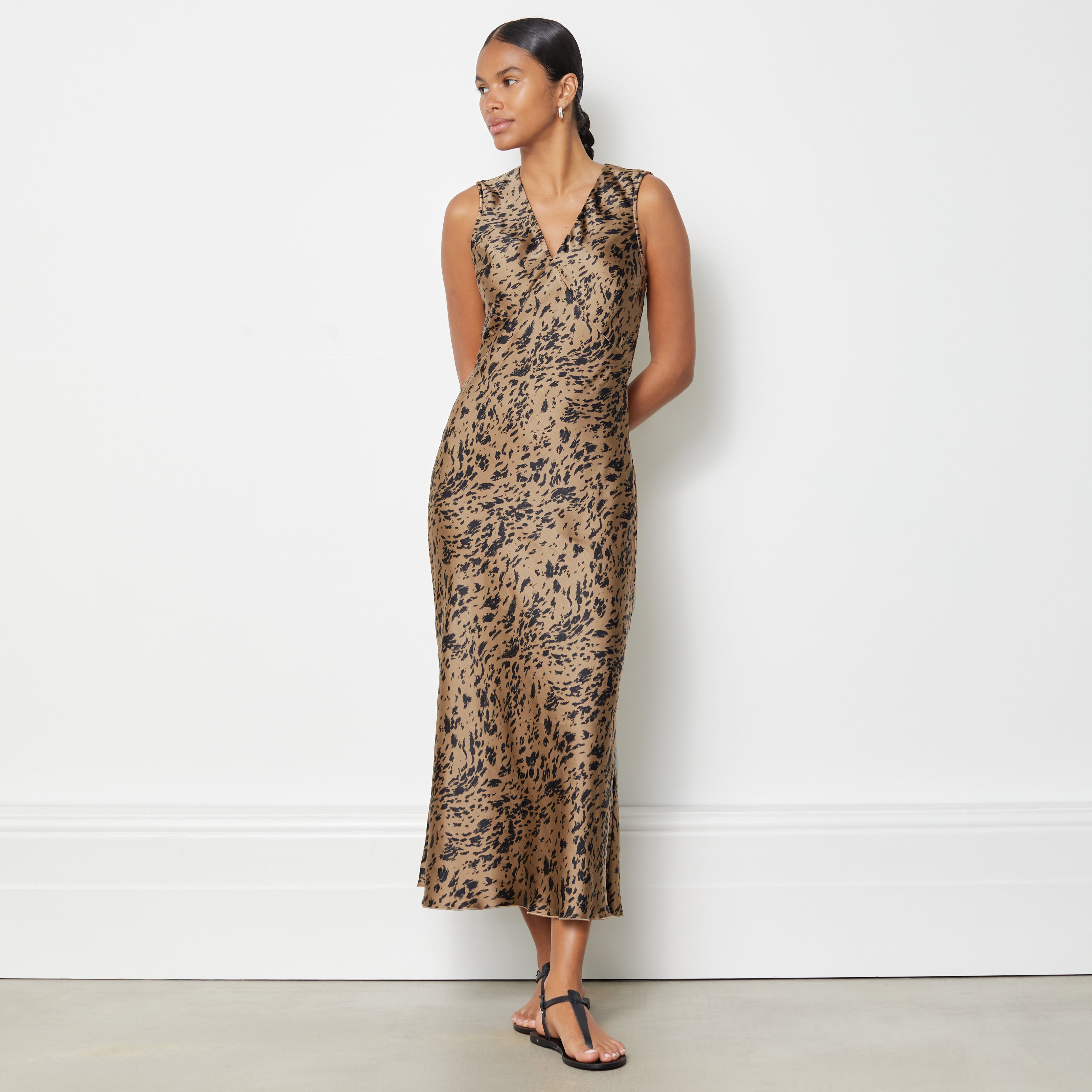 Cowl back satin animal dress warehouse sales