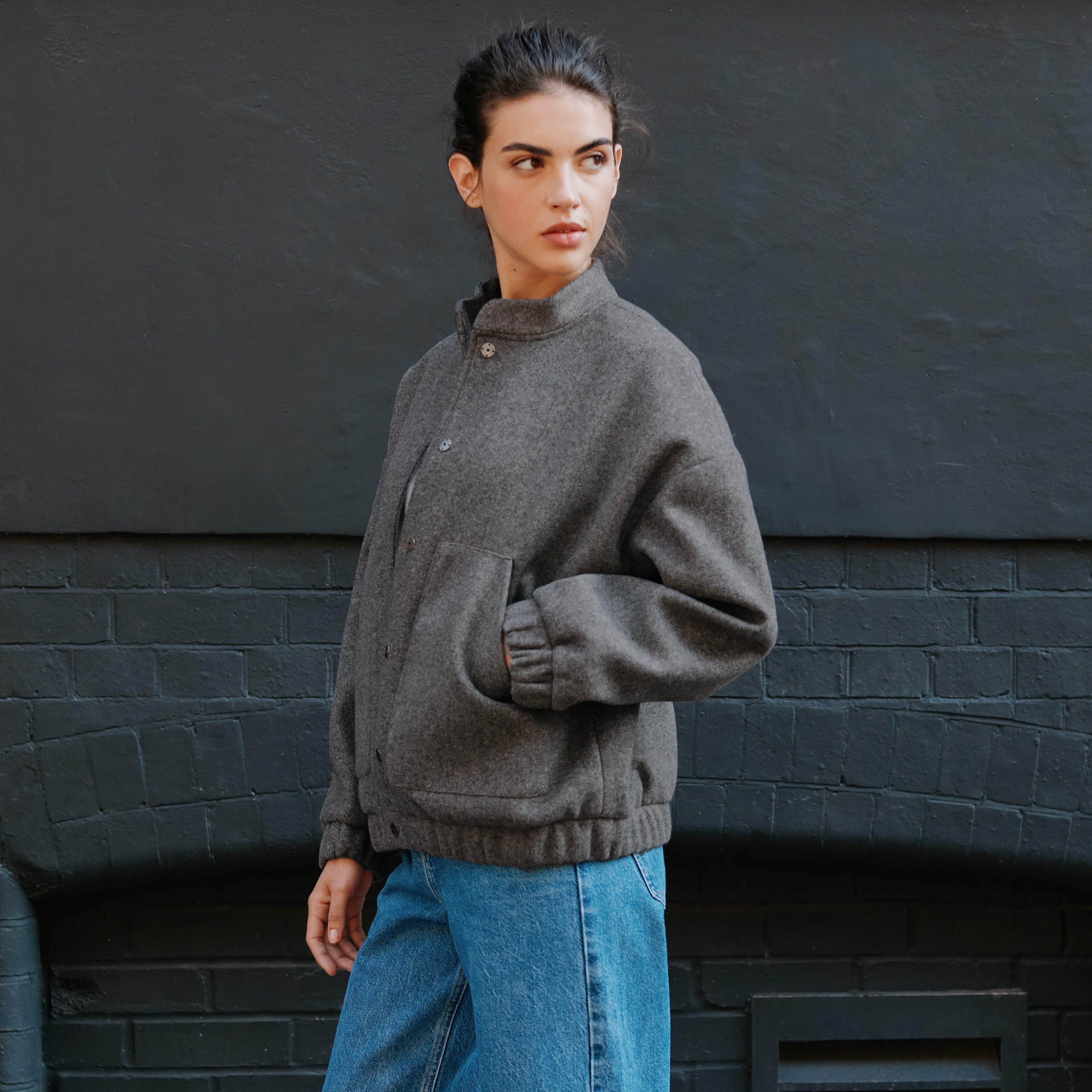Re-Loved Grey Flannel Bomber Jacket - Size 10