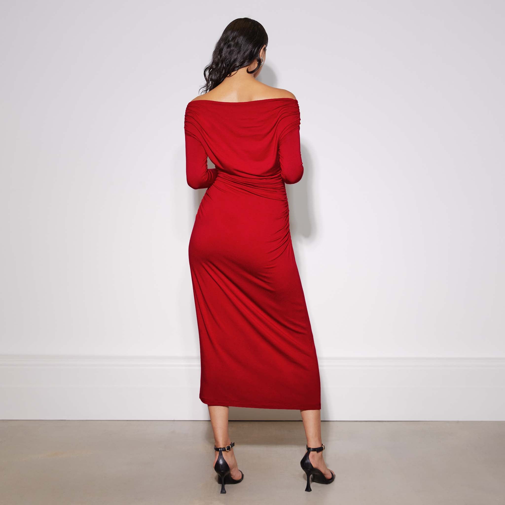 Red Ruched Off-Shoulder Dress