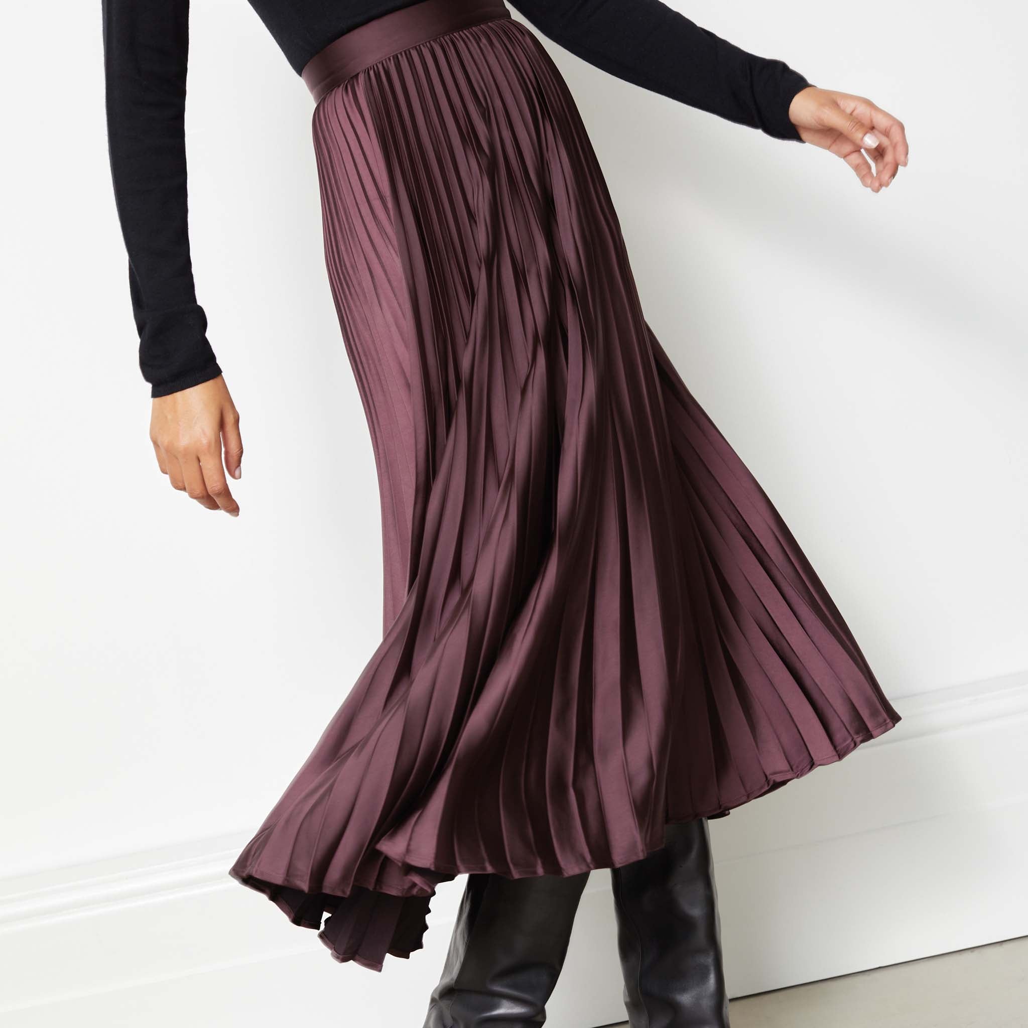 Burgundy Satin Pleat Skirt | Sustainable Womenswear | Albaray