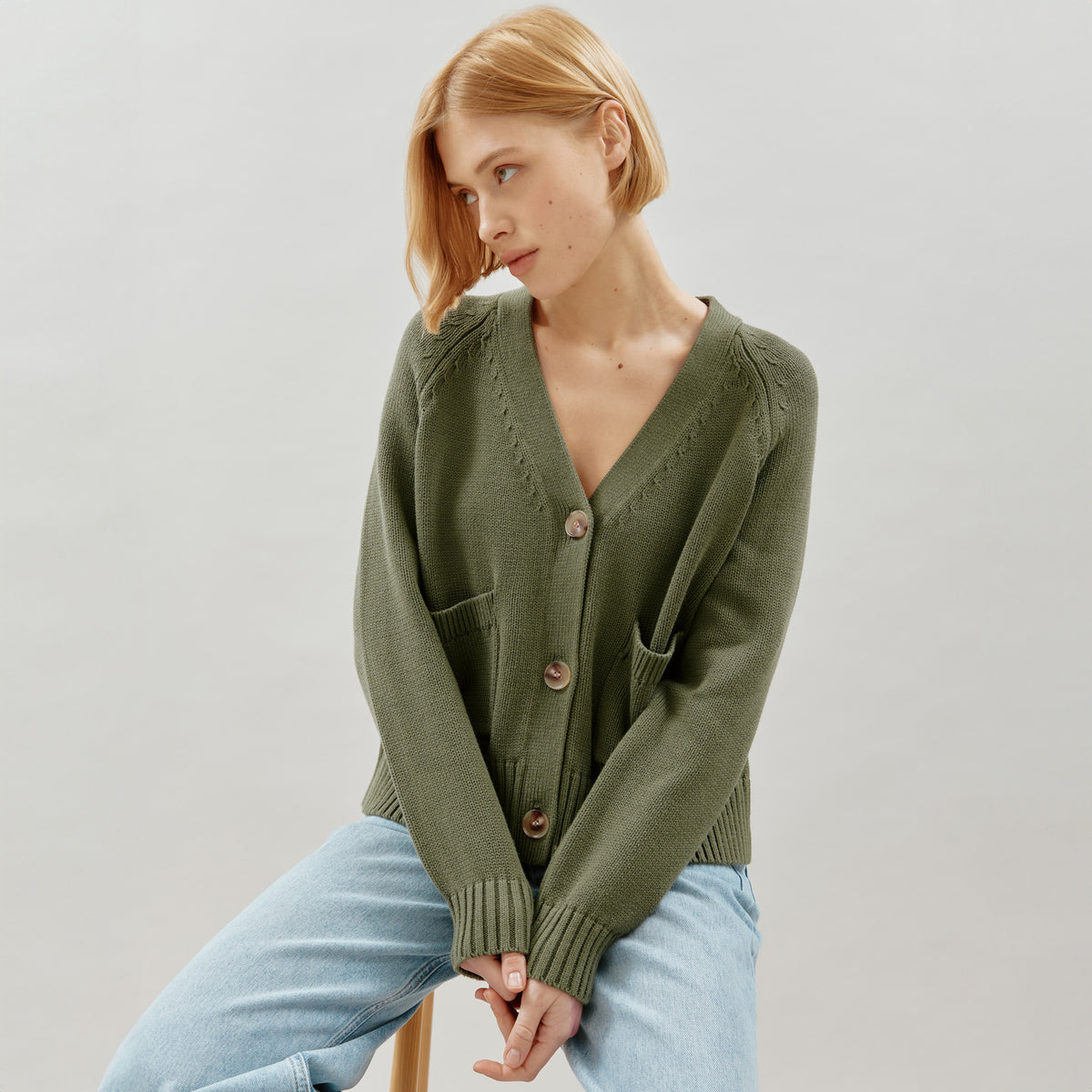 Cotton Cashmere Cardi in Olive