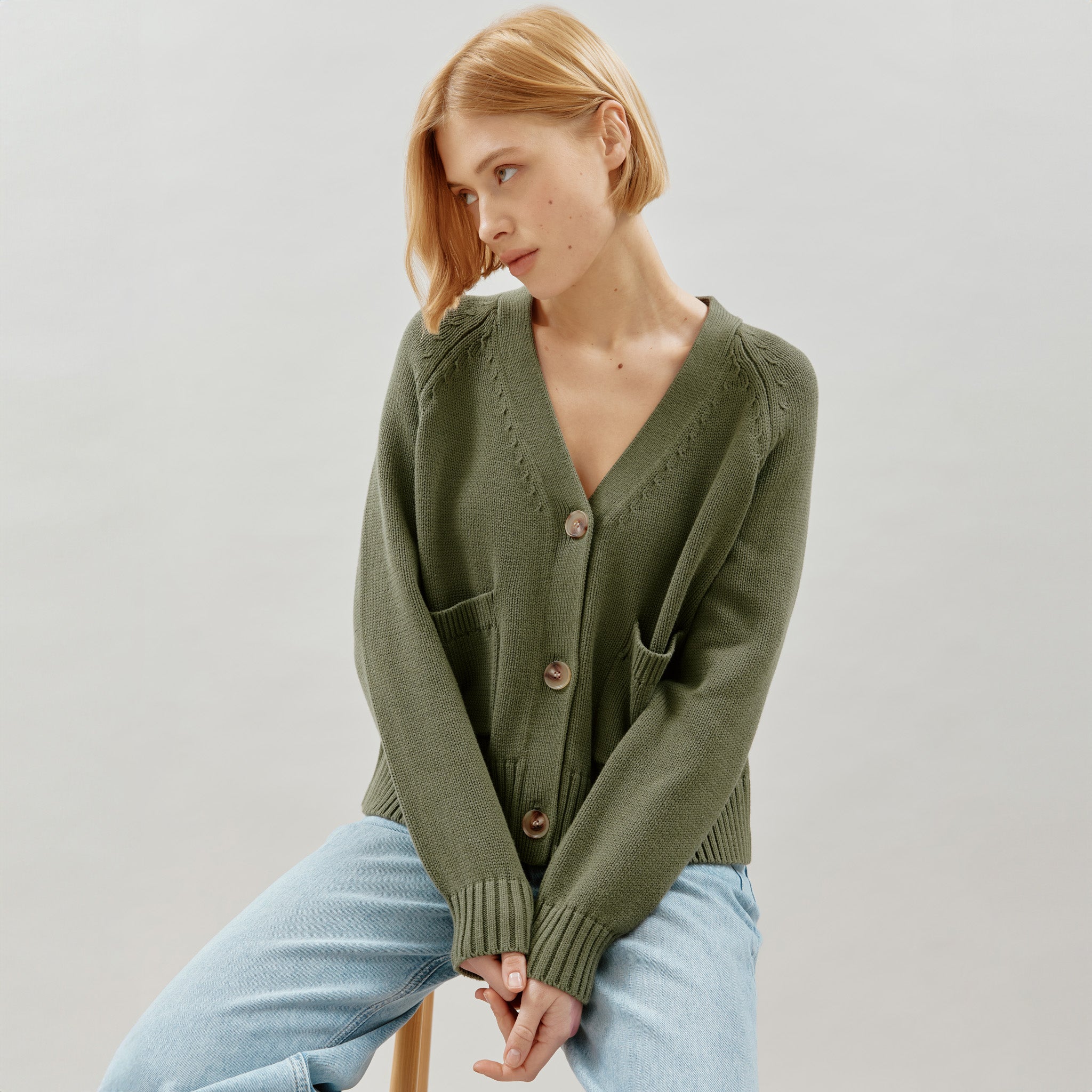 Re-Loved  Olive Relaxed Cotton Cardigan - Size 8