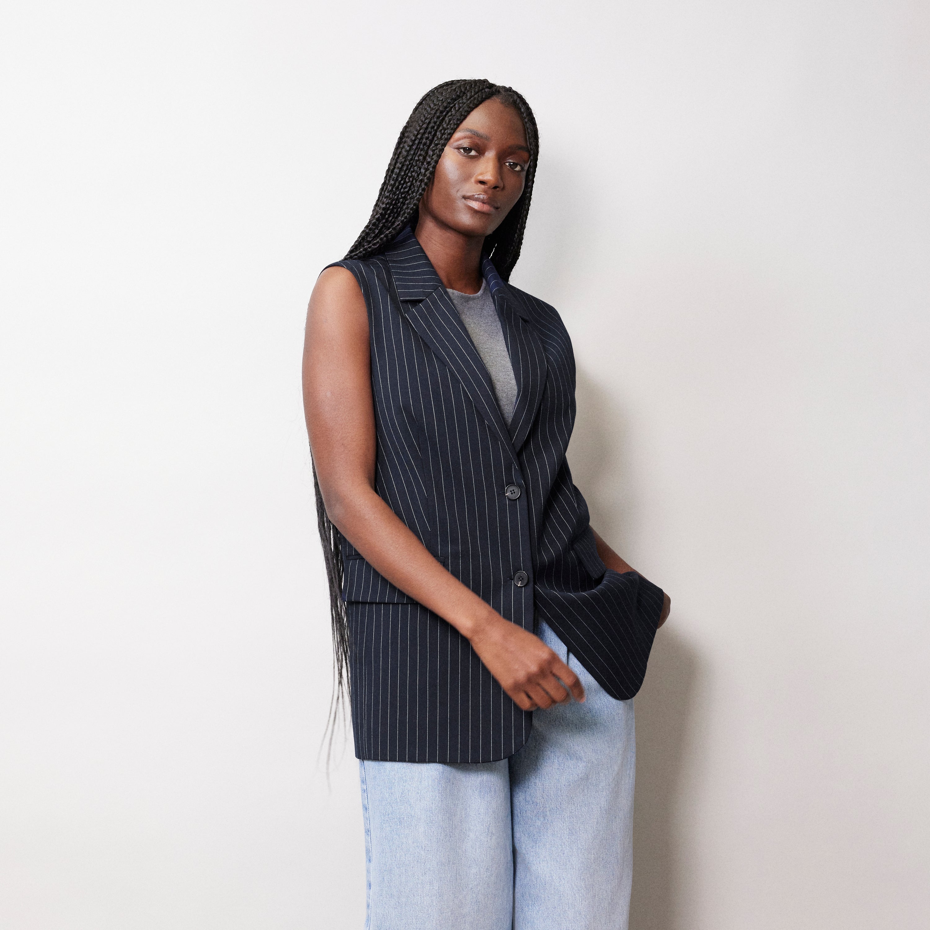 Navy Pinstripe Sleeveless Jacket Sustainable Womenswear Albaray
