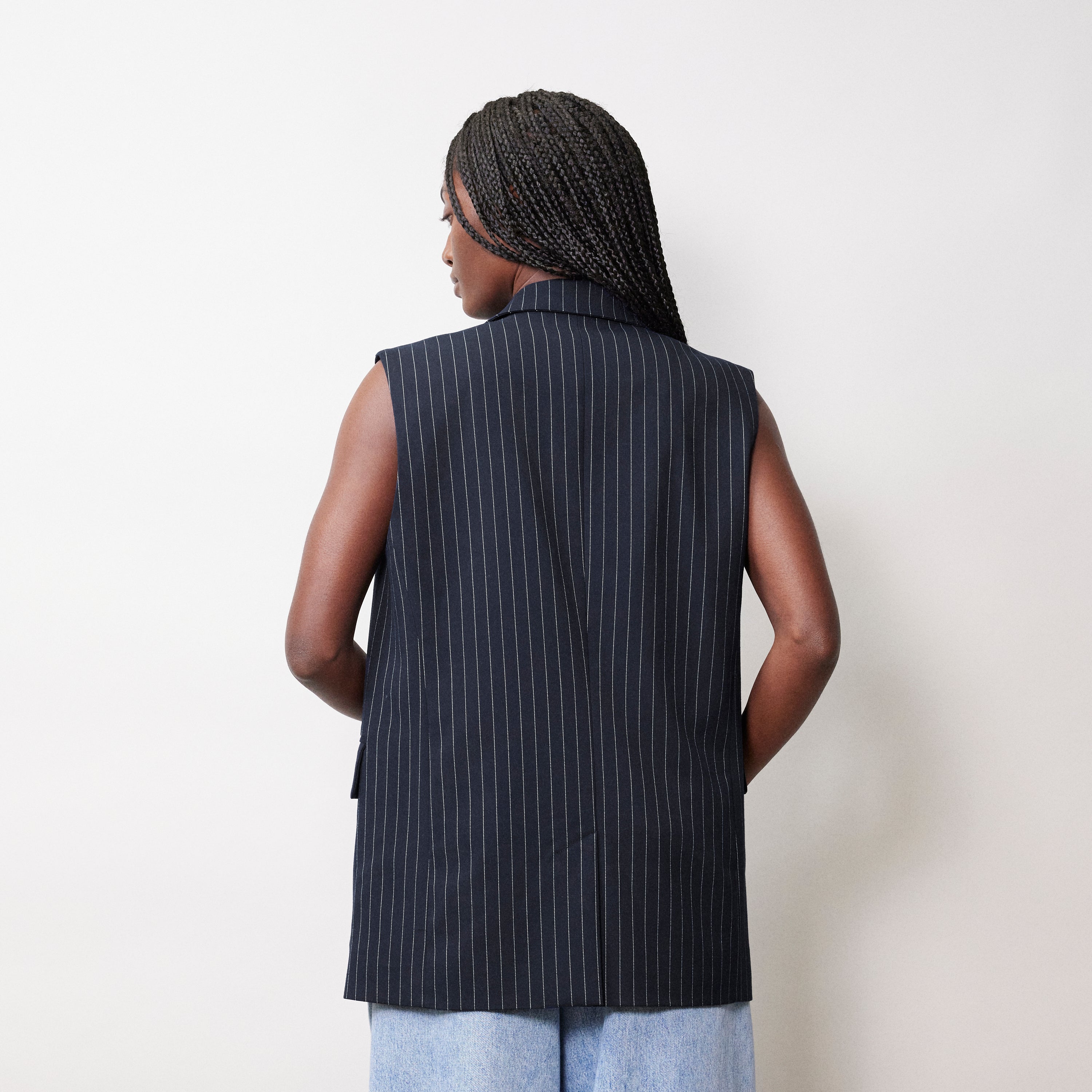 Re-Loved Navy Pinstripe Sleeveless Jacket - Size 8
