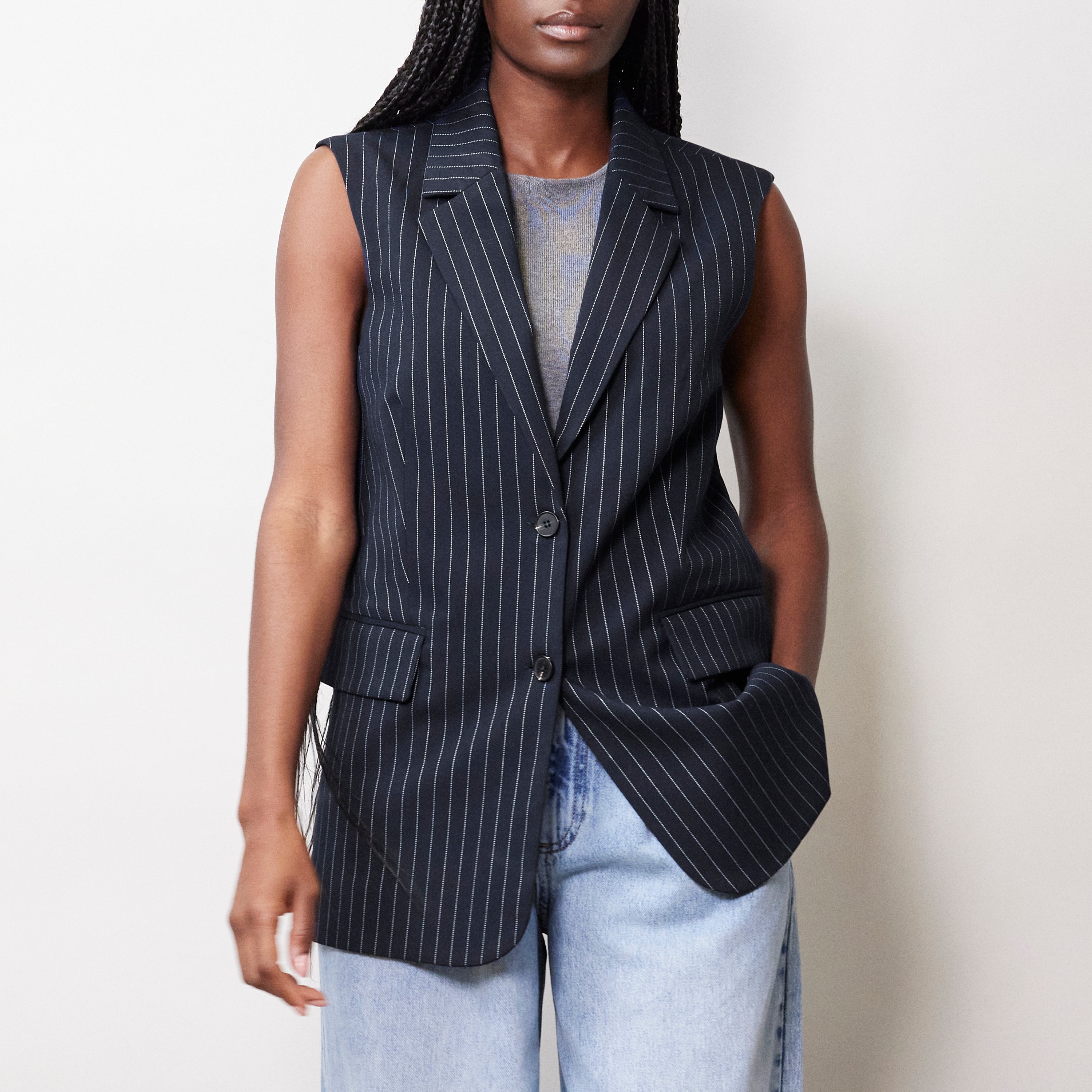 Re-Loved Navy Pinstripe Sleeveless Jacket - Size 8