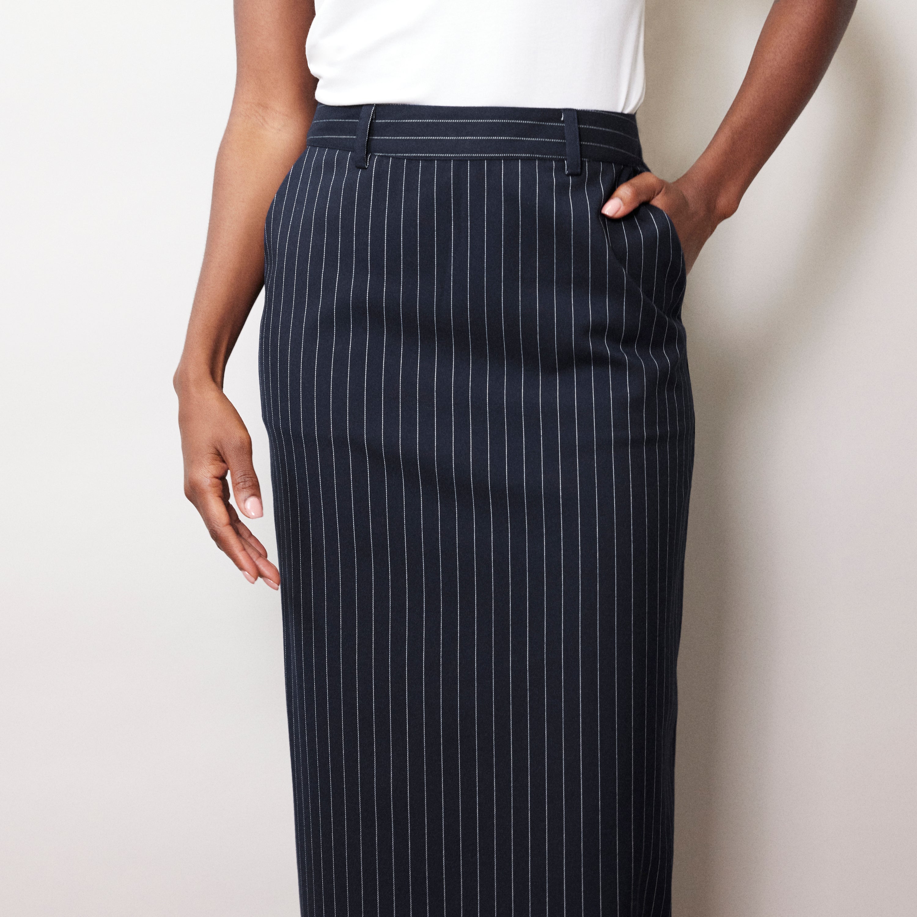 Navy Pinstripe Maxi Skirt