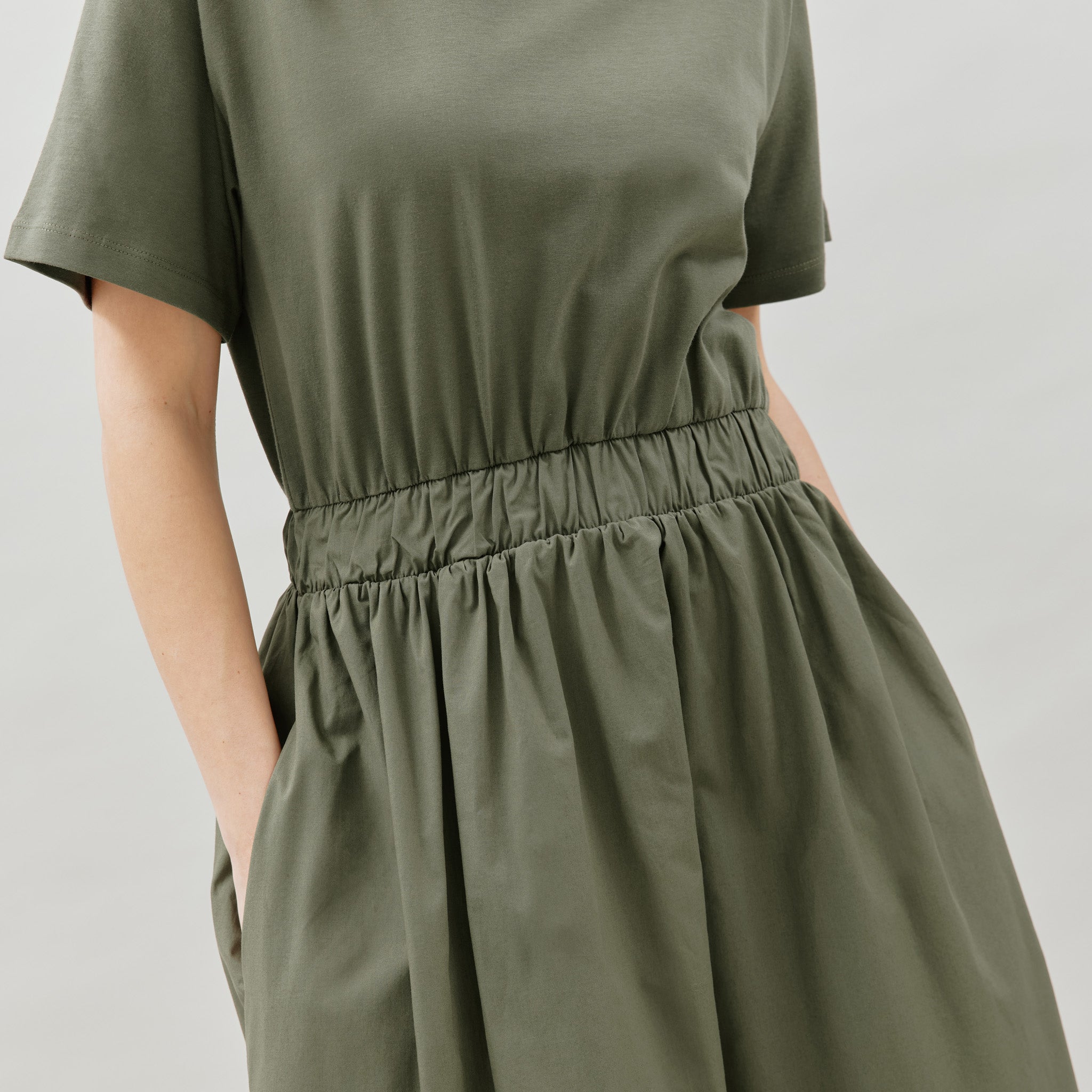 Re-Loved  Khaki Woven Mix T-Shirt Dress - Size 12