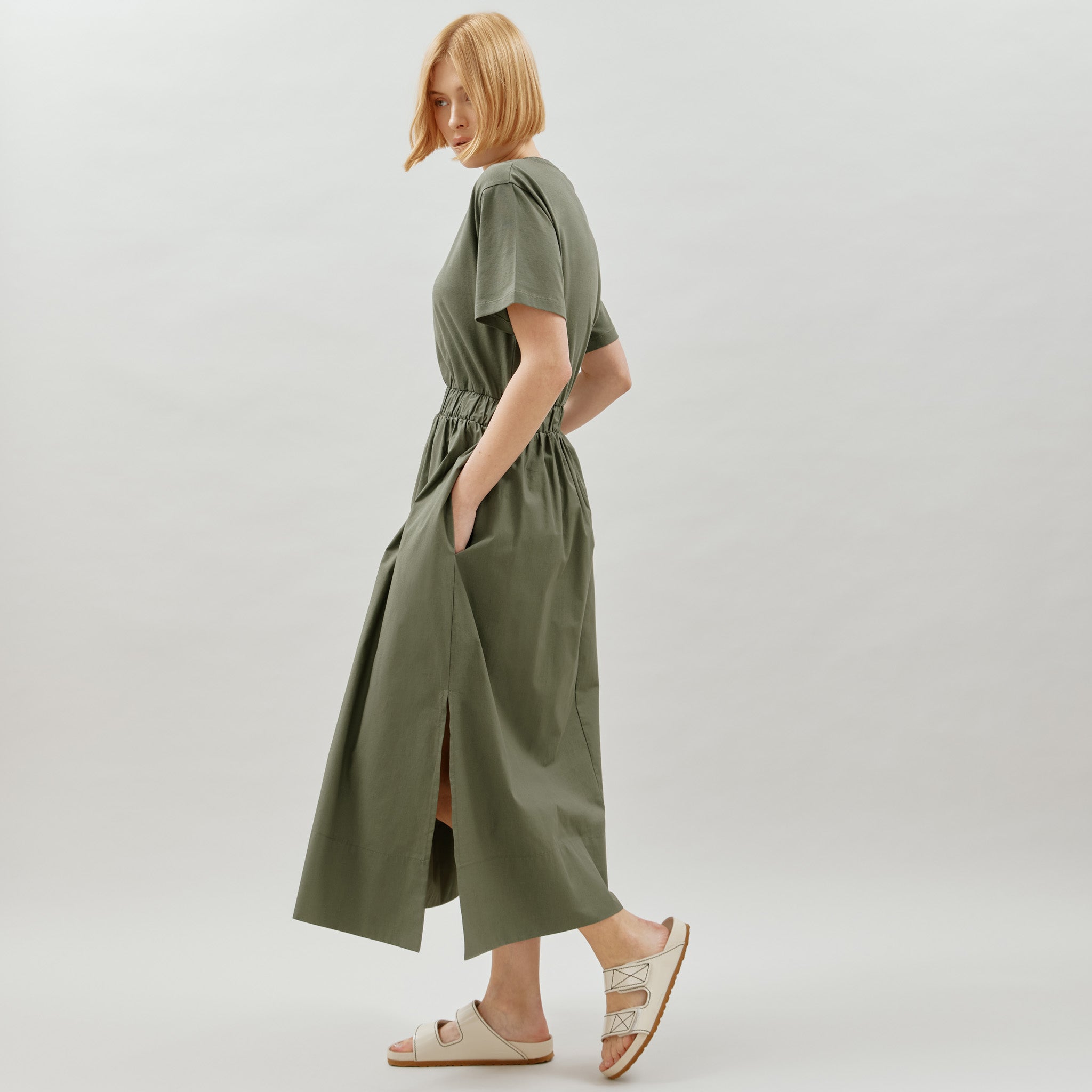 Re-Loved  Khaki Woven Mix T-Shirt Dress - Size 12
